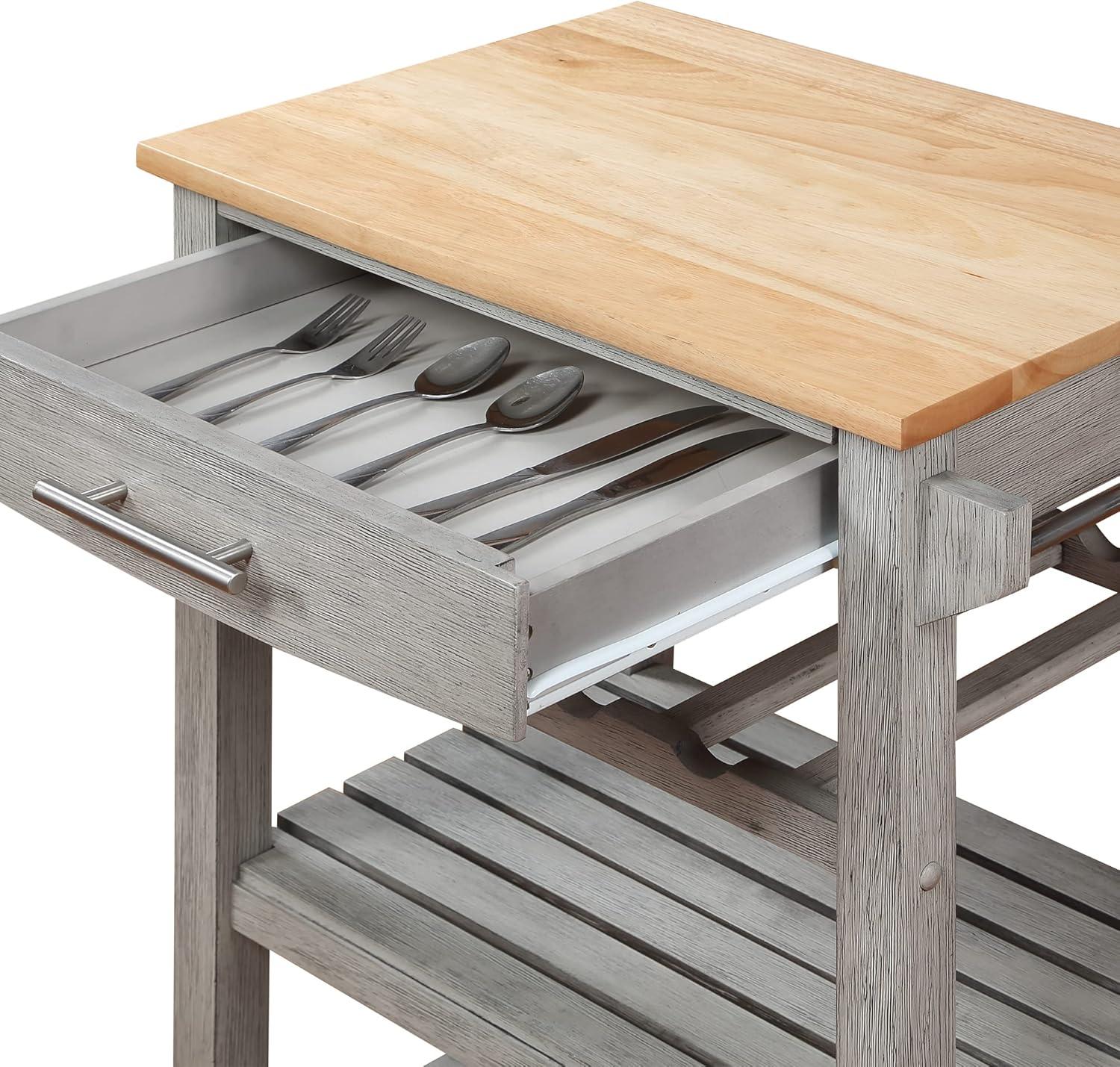 Ellaine Light Gray Solid Wood Butcher Block Kitchen Cart with Wine Rack