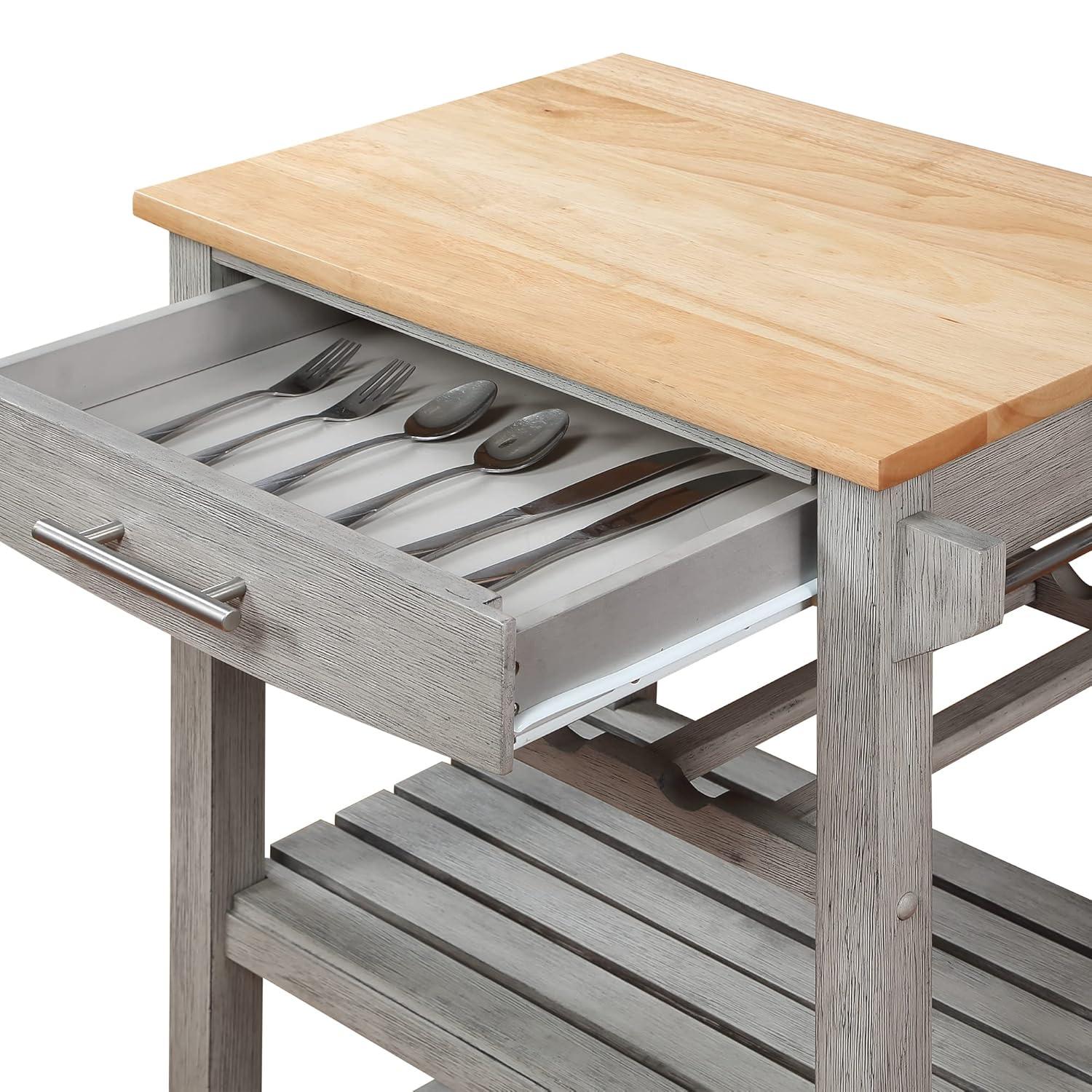 Ellaine Light Gray Solid Wood Butcher Block Kitchen Cart with Wine Rack