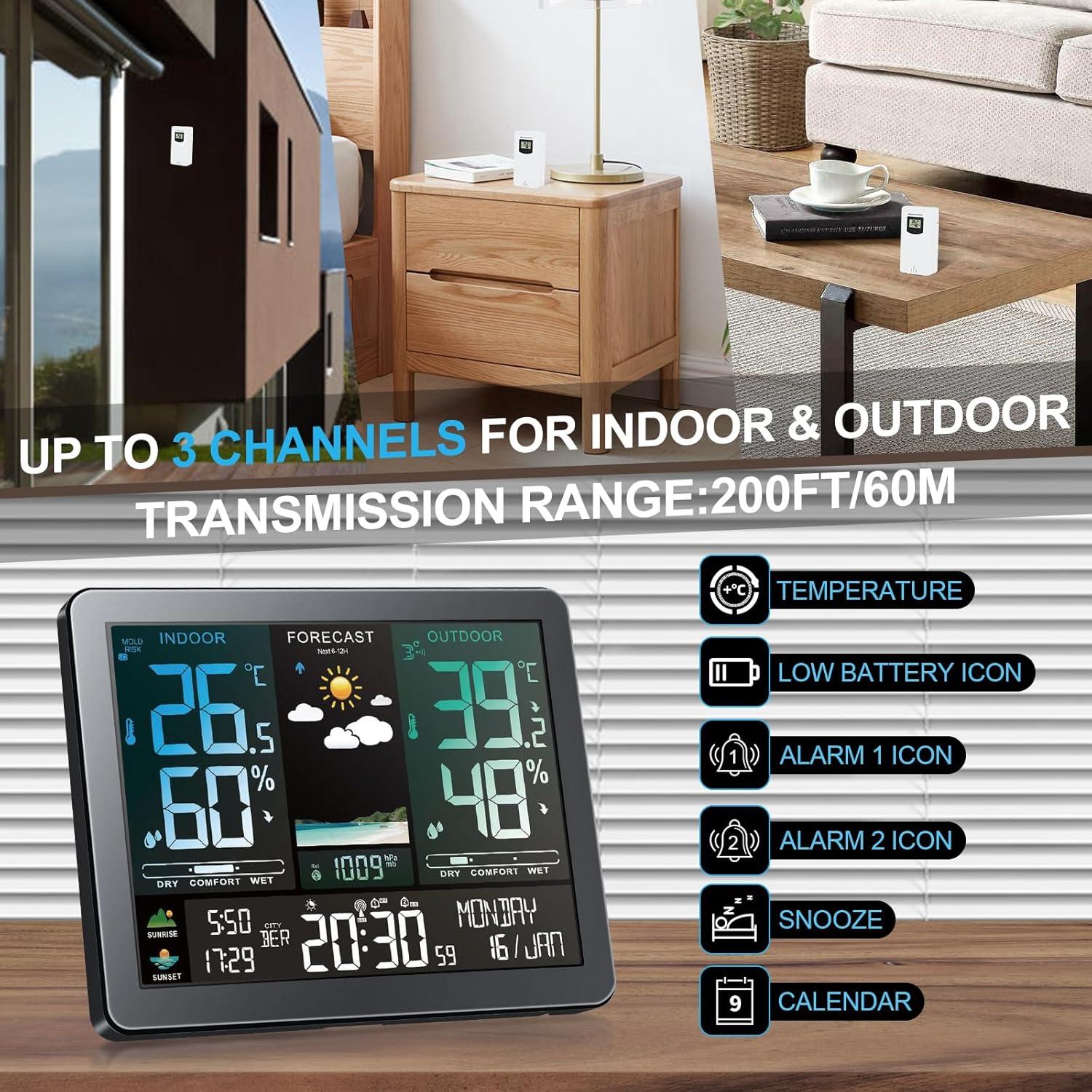 Weather Station Wireless Indoor Outdoor with Sensors Color Display Digital Weather Forecast Temperature Humidity Monitor Alarm Clock Electronic Sunrise Sunset Time Adjustable Backlight for Home Wall