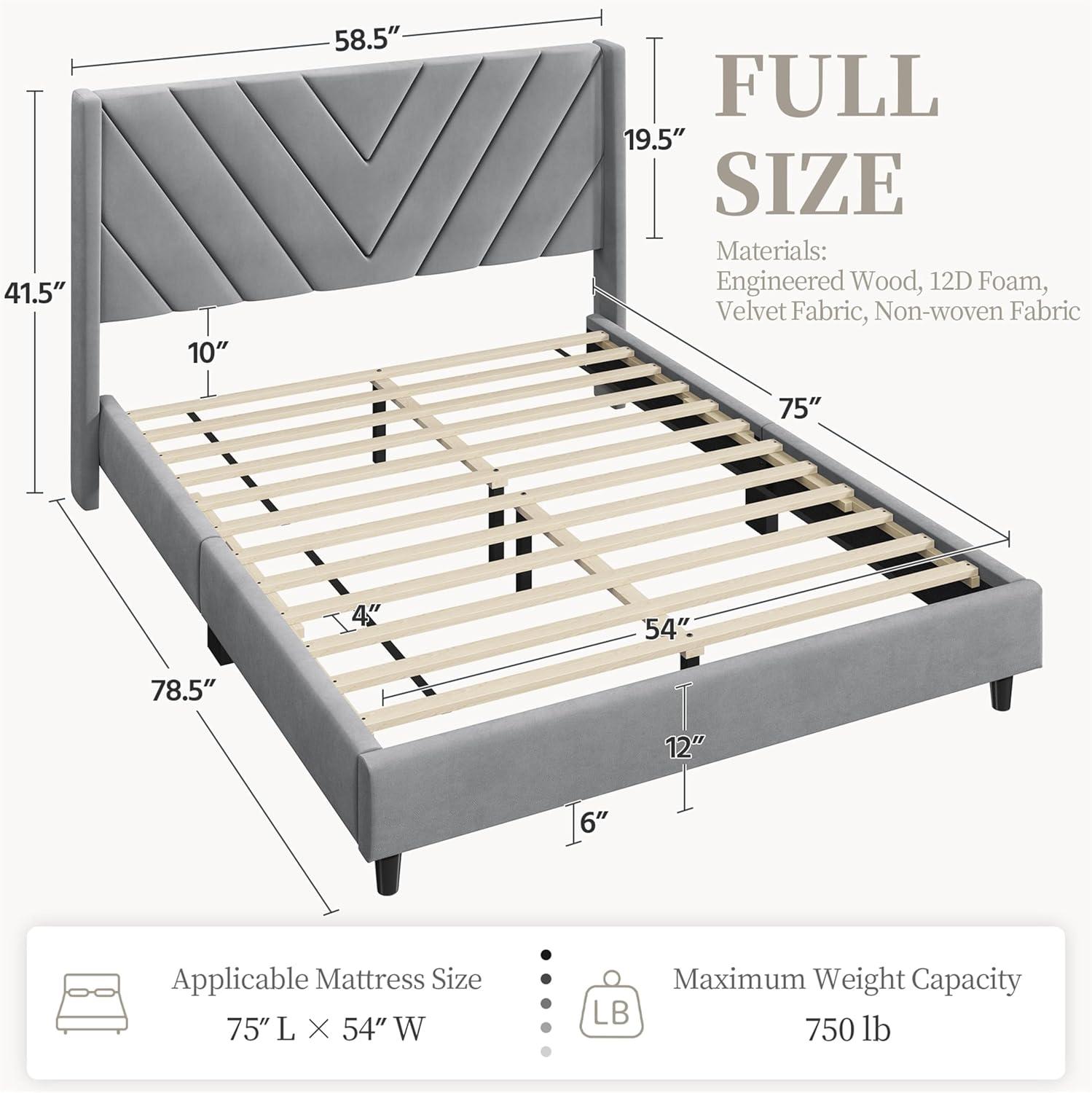 Killeryuki Full Bed Frame Upholstered Platform Bed with Wing Side Tufted Headboard/Sturdy Wooden Slat Support/No Box Spring Needed/Mattress Foundation,Light Gray Full Bed