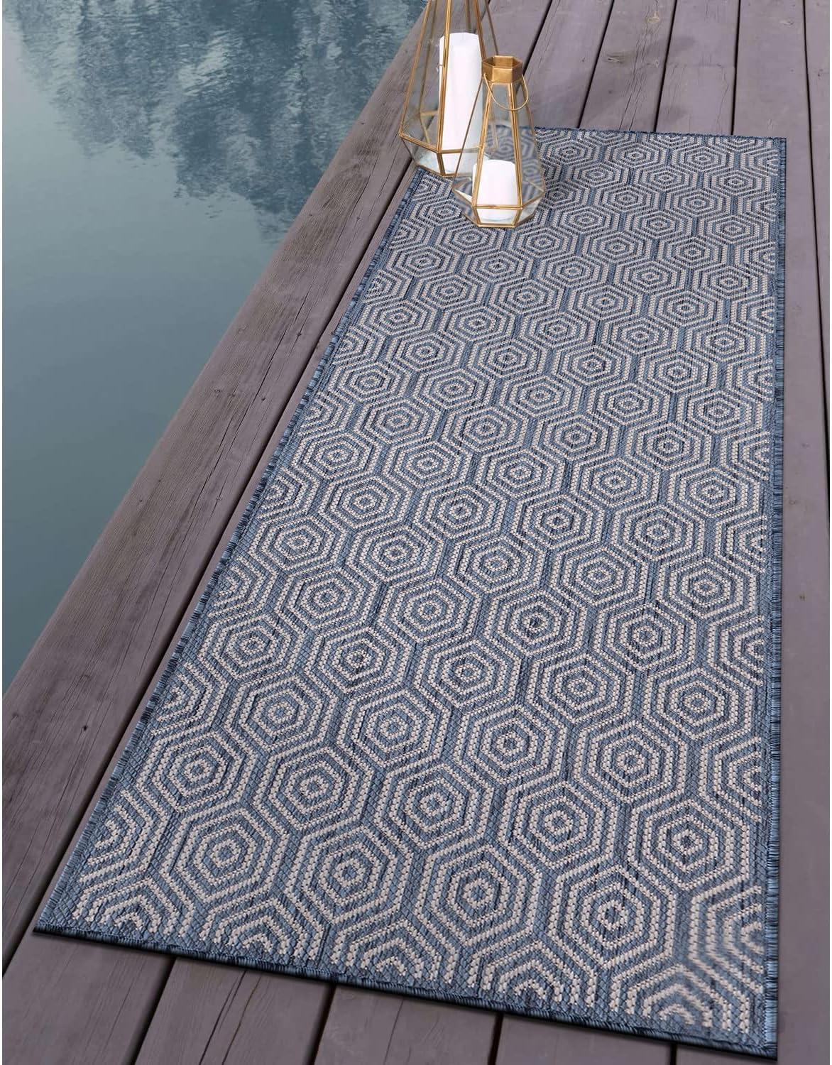 World Rug Gallery Modern Geometric Textured Flat Weave Indoor/Outdoor Area Rug - BLUE 2'x7'