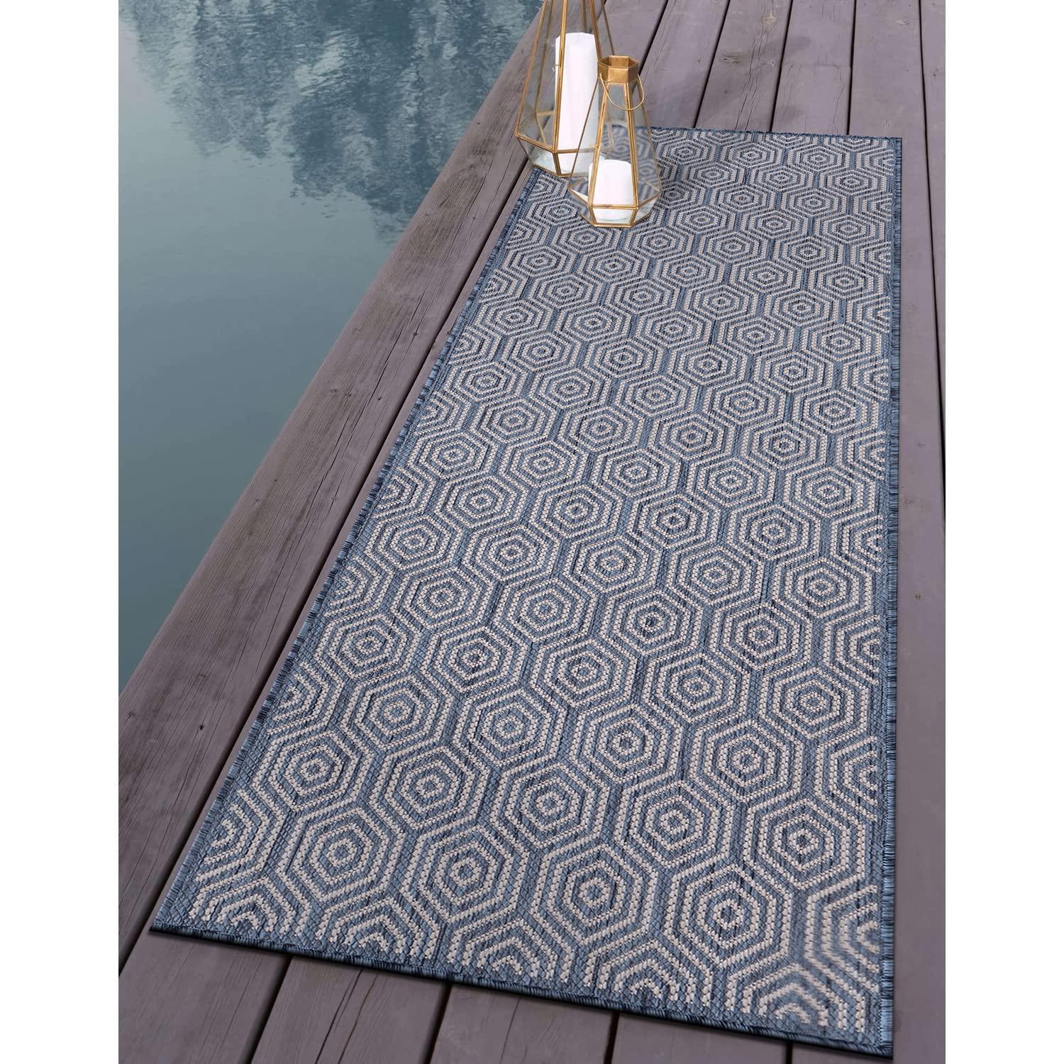World Rug Gallery Modern Geometric Textured Flat Weave Indoor/Outdoor Area Rug - BLUE 2'x7'