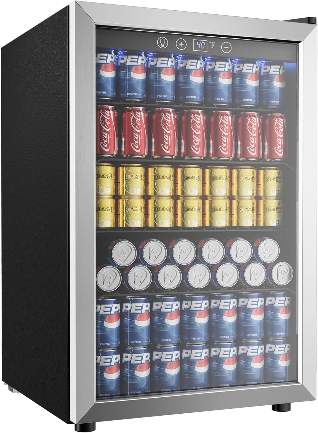 ZenZone 4.5 Cu.ft Beverage Refrigerator and Cooler, 145 Can Mini fridge with Glass Door for Soda Beer Wine, Small Drink Dispenser with Digital Adjustable Thermostat for Home Office Bar