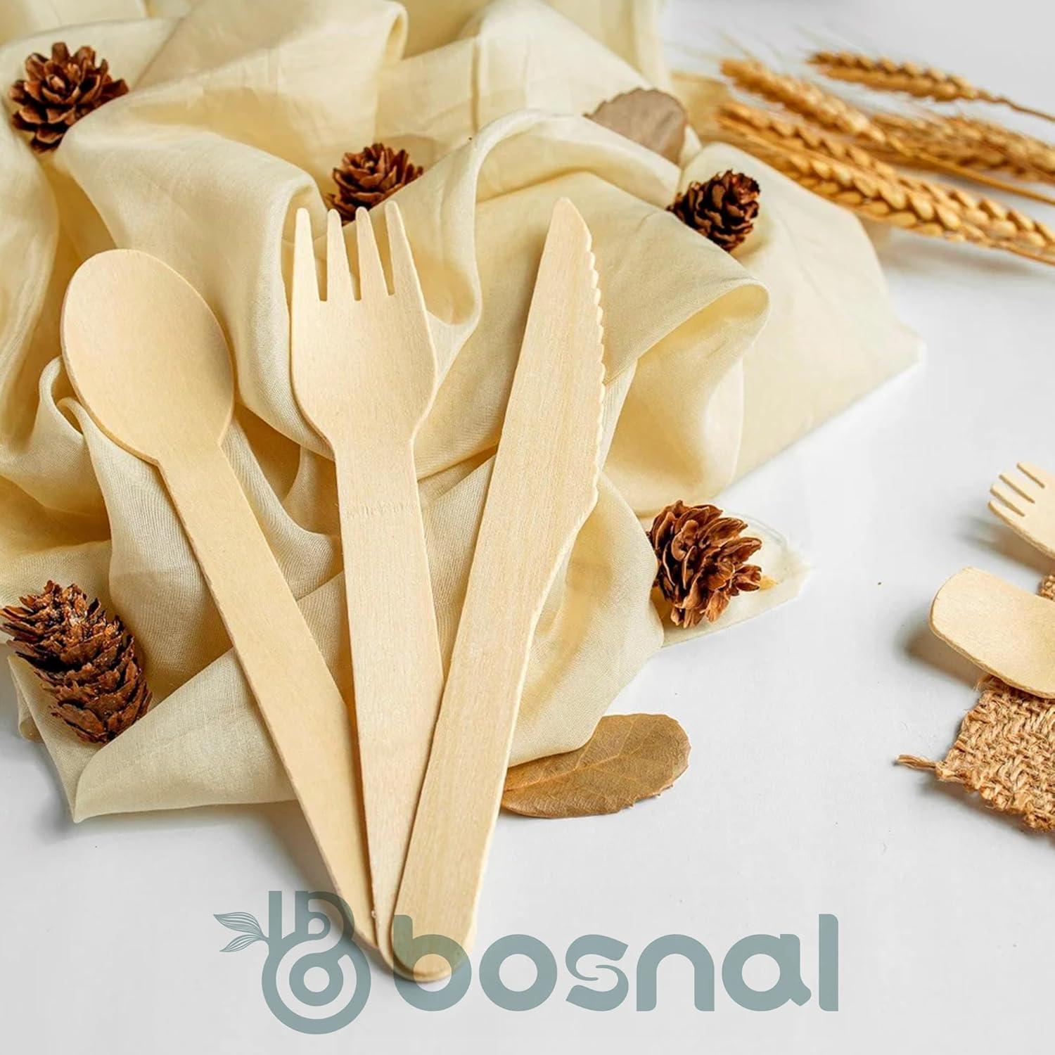 Bosnal Wooden Disposable Forks Knives and Spoons Cutlery Set, 100 Pcs