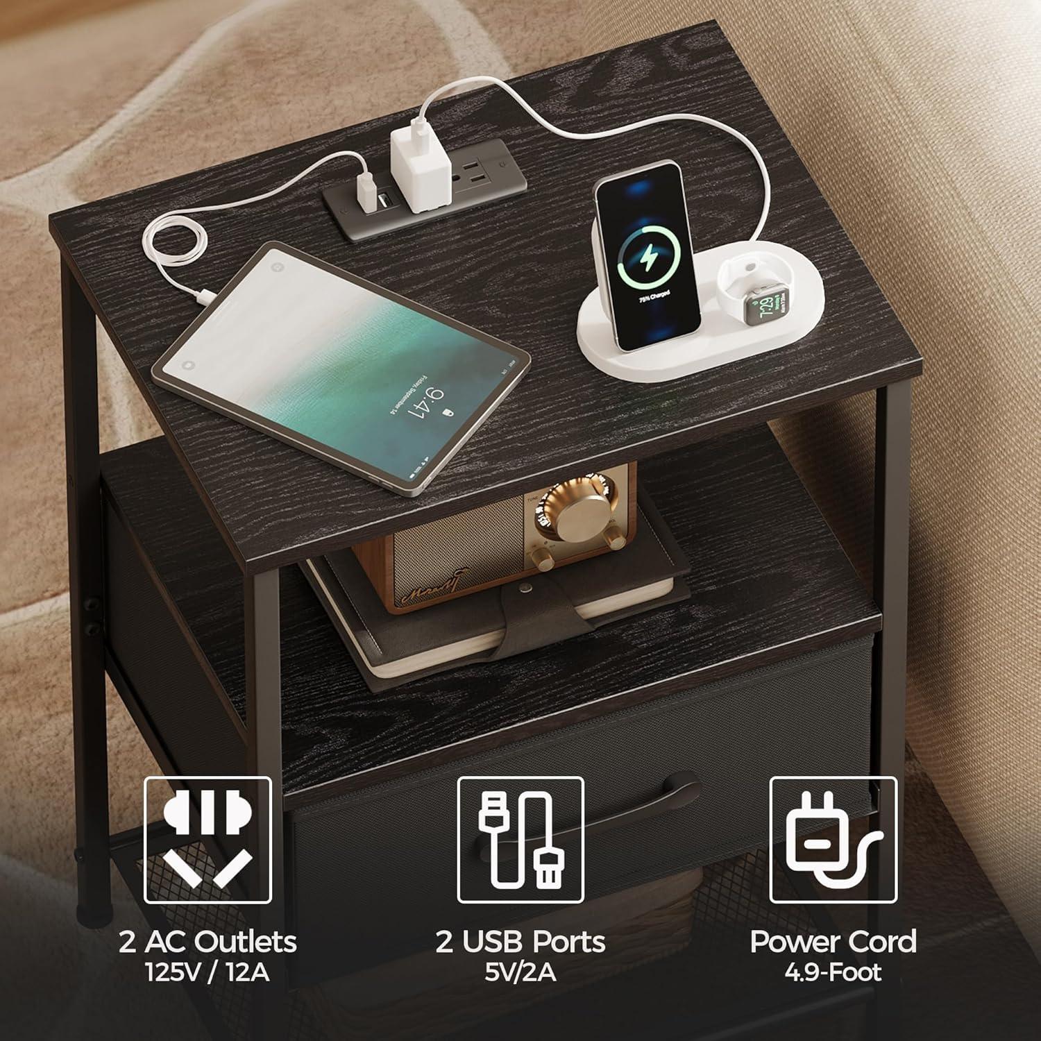 End Table with Charging Station, Narrow Side Table with 2 Fabric Drawers, Skinny Nightstand with LED Light, Slim Bedside Table for Bedroom, Living Room, Small Spaces, White