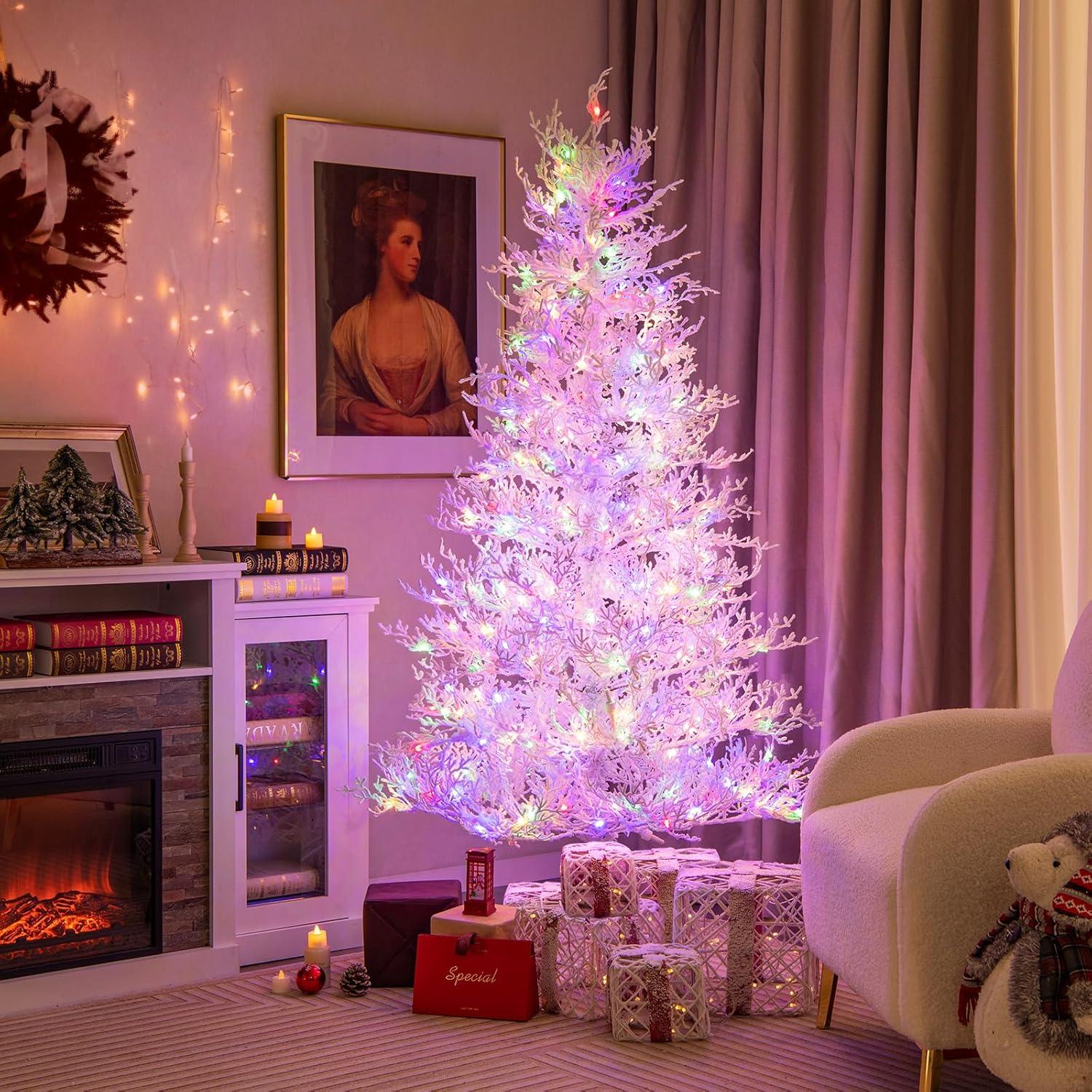 Tangkula 6FT Pre-lit Artificial Xmas Tree Hinged Christmas Tree with 383 Snow Flocked Branch Tips 300 Warm White & Multi-colored LED Lights