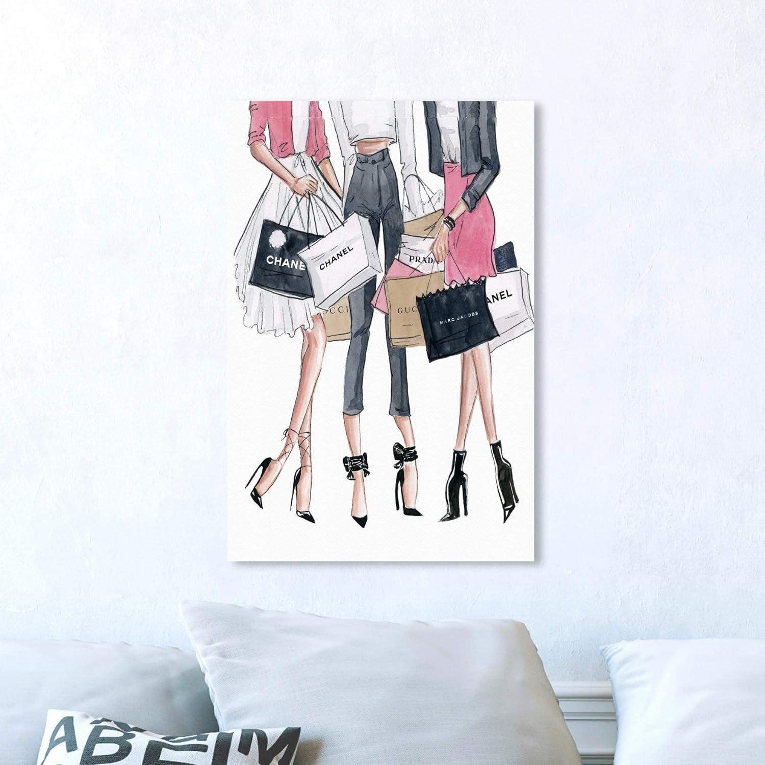 Fashion Shopping Date Canvas Art Print in Pink and White