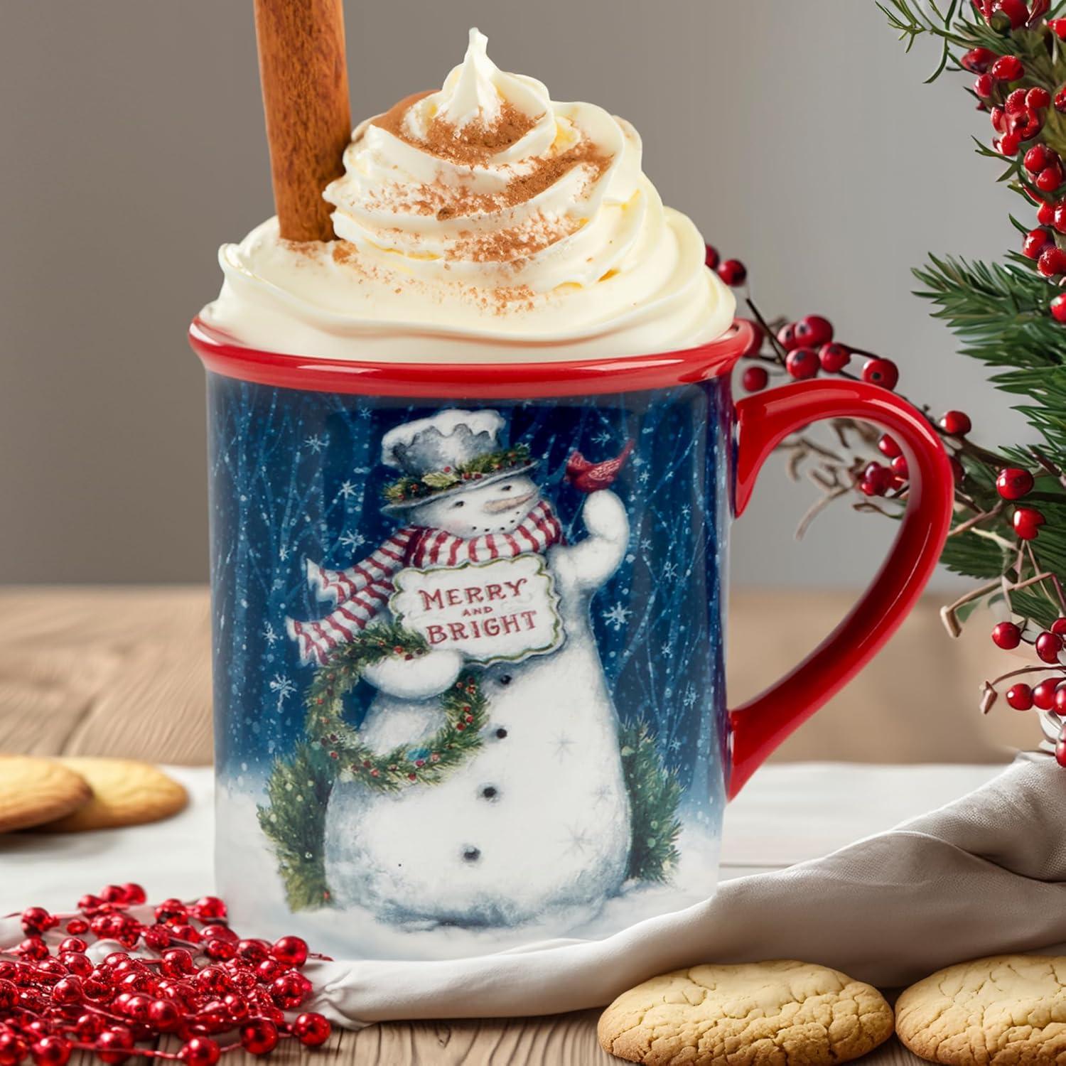 Snowman Greetings Blue Ceramic Christmas Mugs, Set of 4