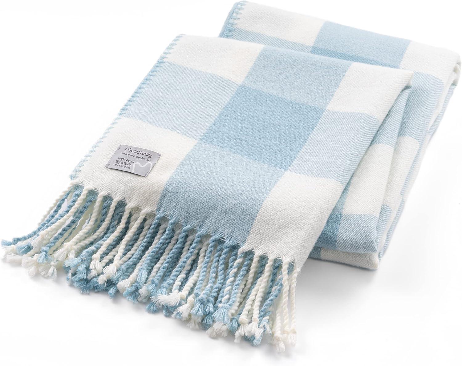 Mellowdy Buffalo Plaid Check Throw Blanket with Fringes (Winter Blue, 50x60 inches)