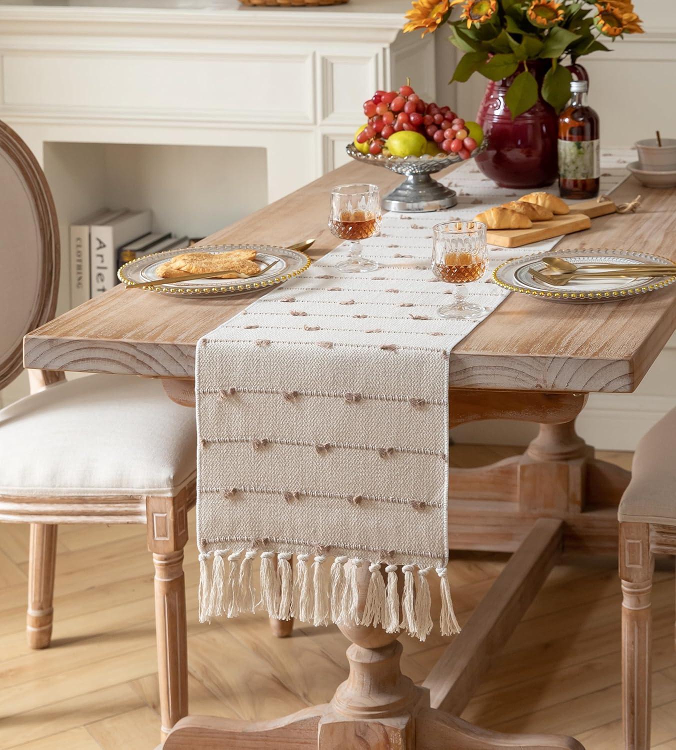 Foundry Select Boho Table Runner 13 X 108 Inch Long Natural Cotton Woven Runner With Tassels For Home Dining Table Décor, For Modern Farmhouse Decor Coffee Table Runner, Taupe And Beige