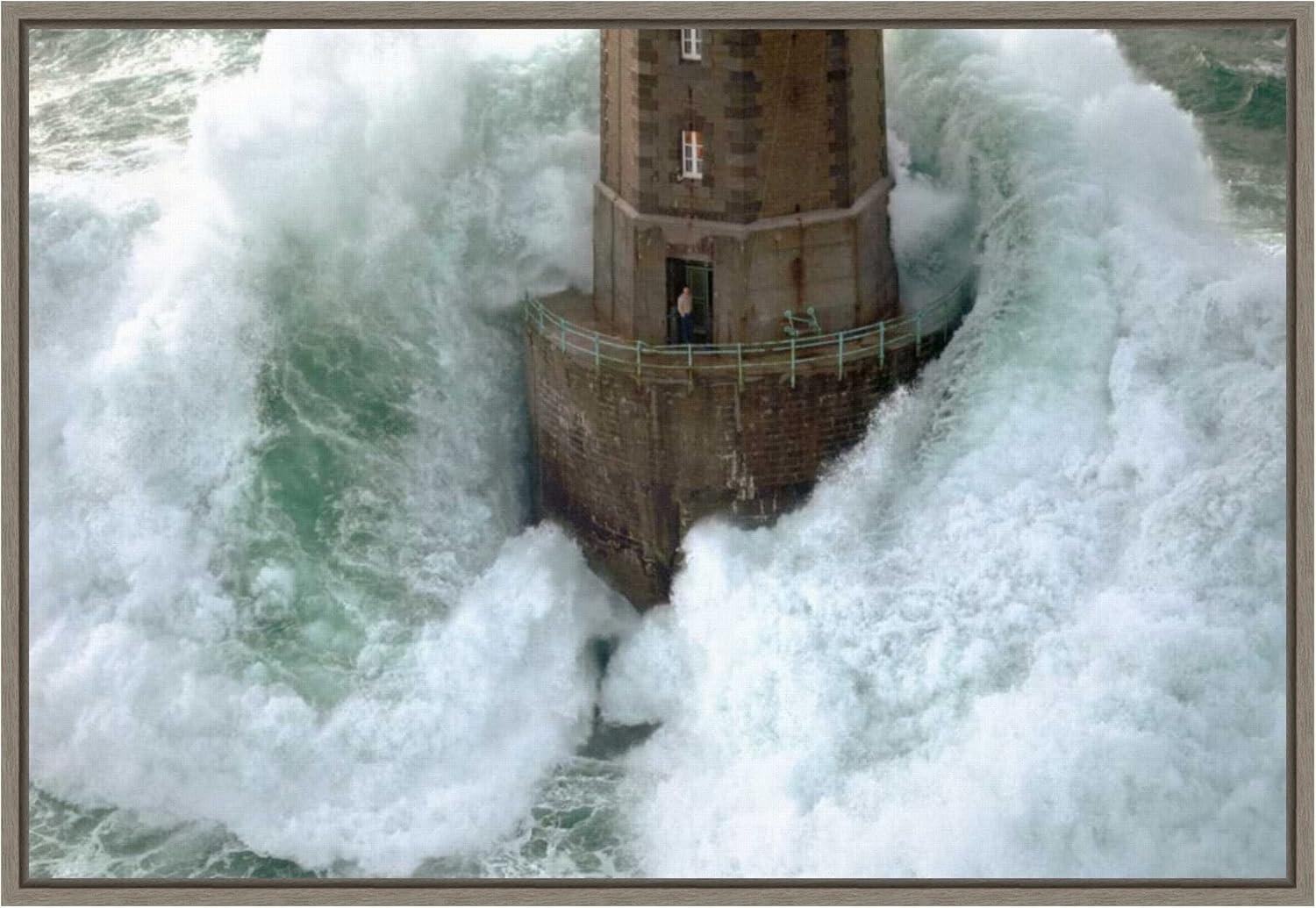 Stormy Lighthouse Lithograph on Canvas with Grey Frame