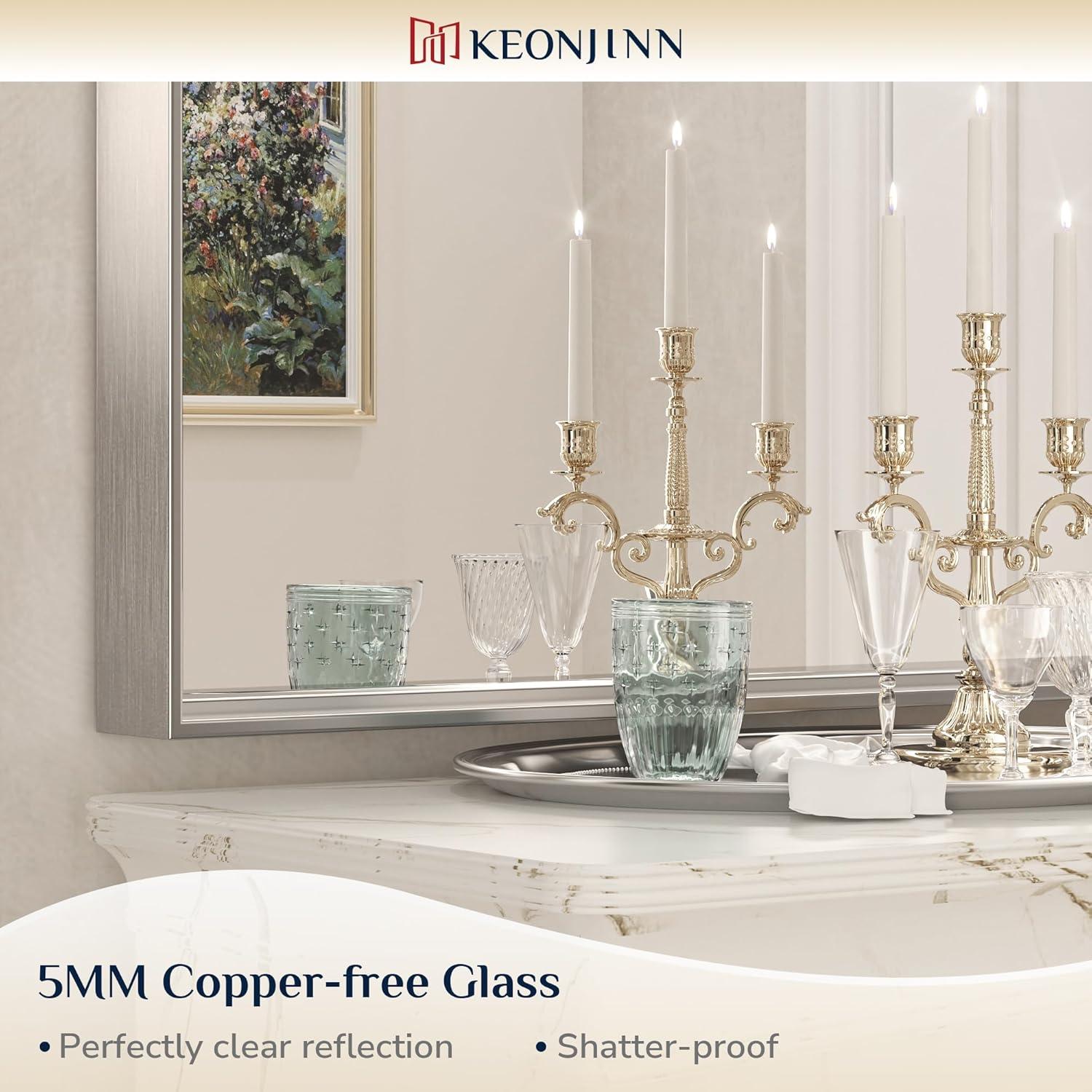 Keonjinn 24 x 32 in Brushed Nickel Bathroom Mirror for Wall, Silver Rectangular Metal Framed Vanity Mirror for Bathroom Sink Square Corner Aluminum Alloy Modern Rectangle Mirror(Horizontal/Vertical)