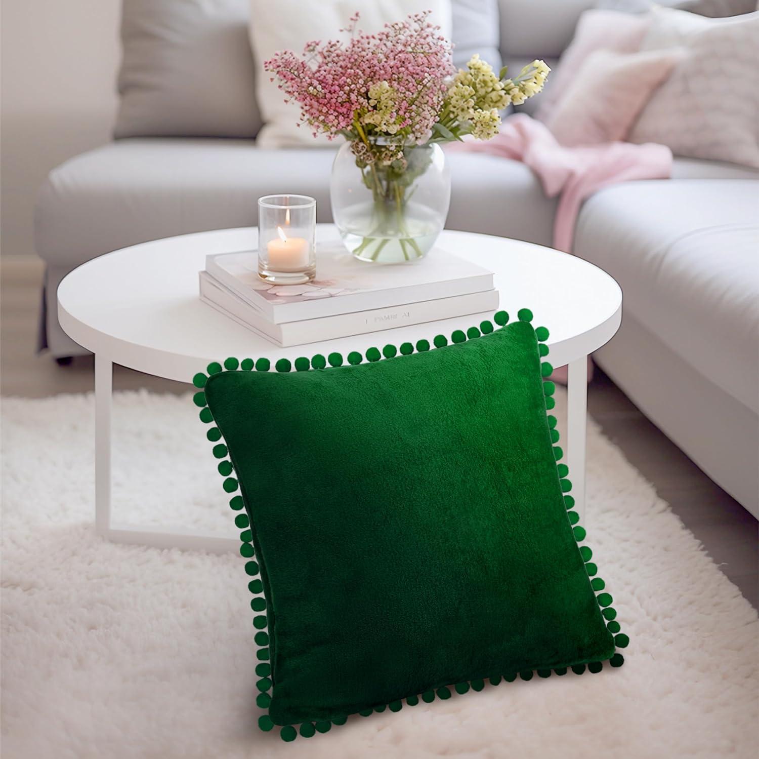 PAVILIA Set of 2 Pom Pom Throw Pillow Covers, Decorative Pompom Fringe Square Cushion Cases for Couch Sofa Bed