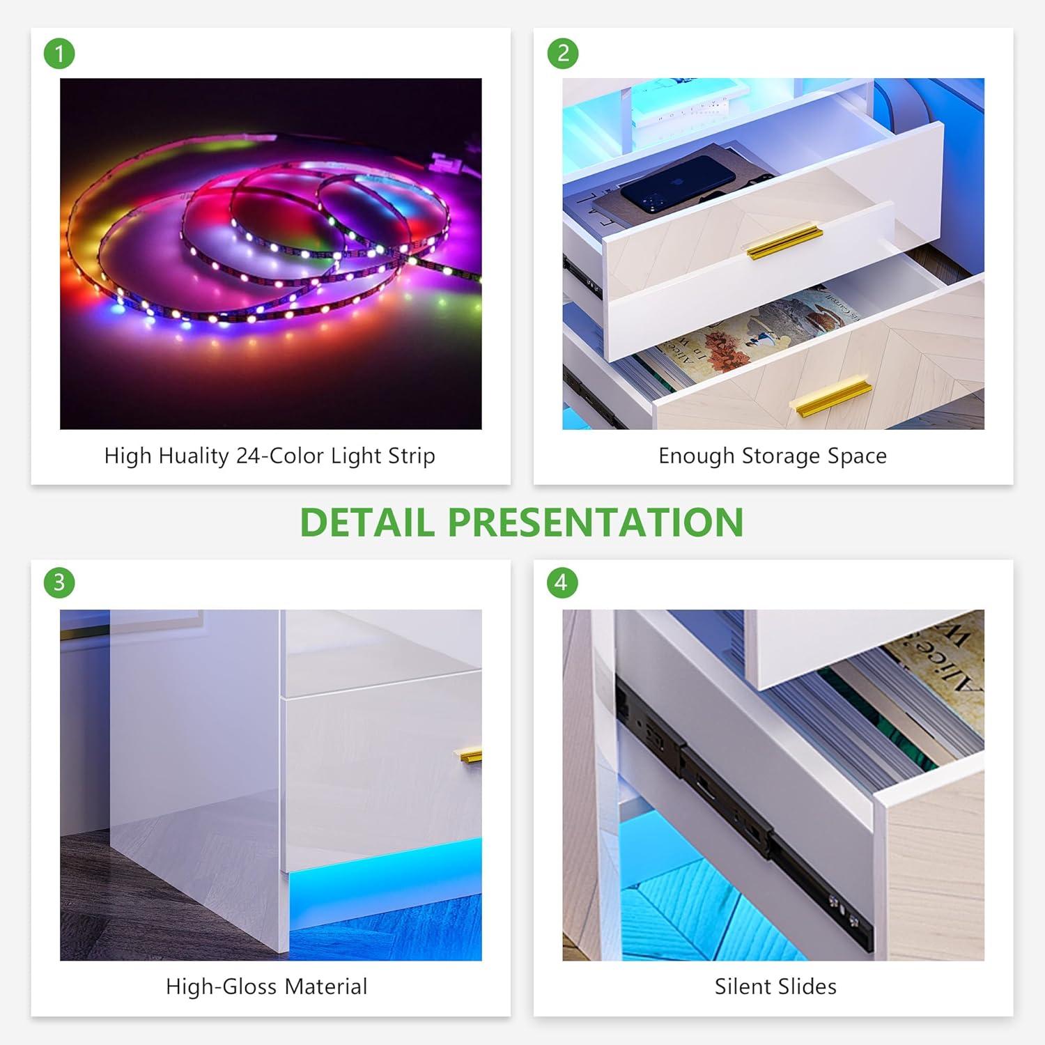 HNEBC Smart LED Nightstand with Wireless Charging & USB Ports, High Glossy Night Stand with 3 Drawers and 1 Pull-Out Tray, Modern Bedside Table with Human Sensor for Bedroom (White)