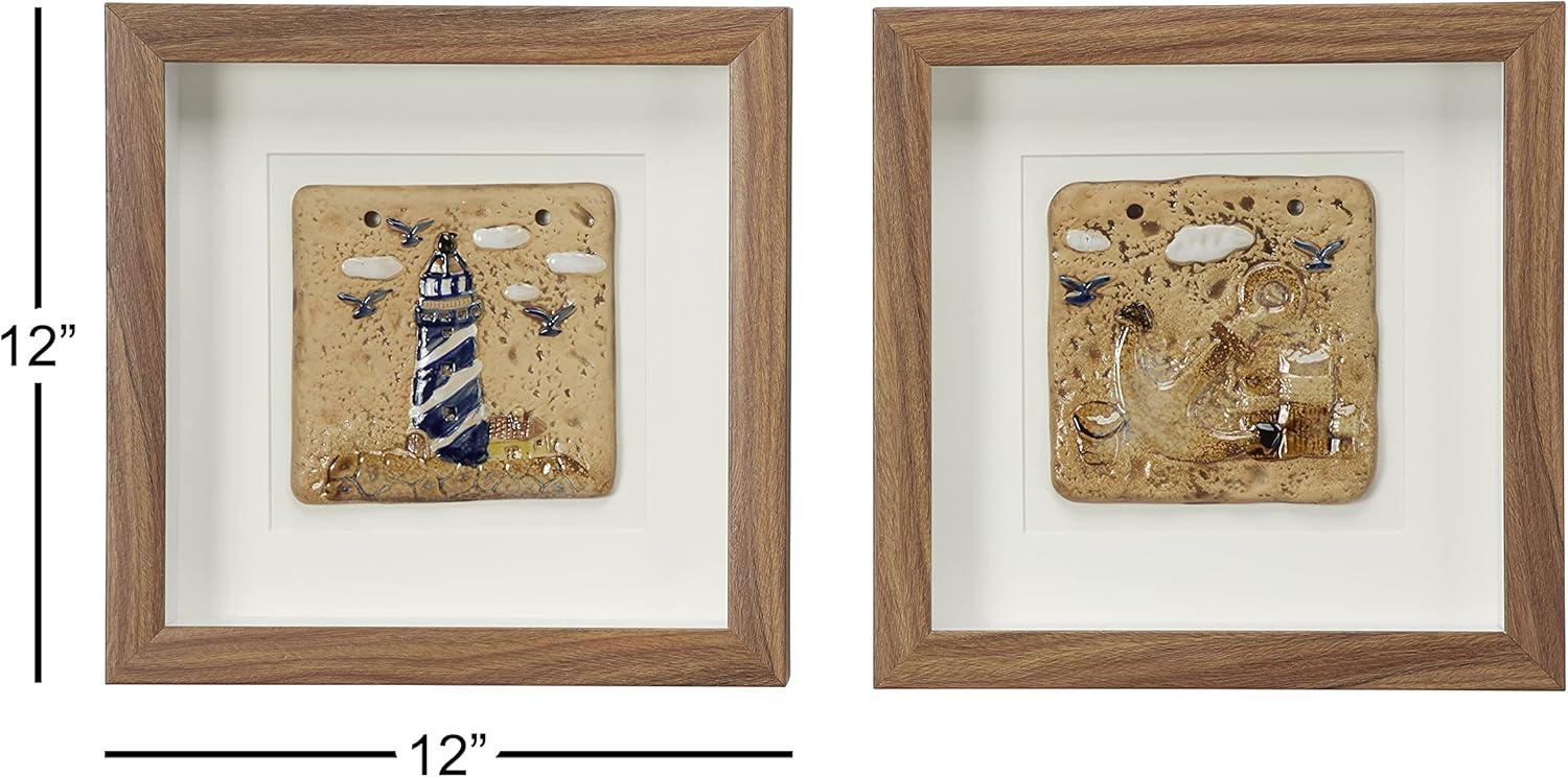 (Set of 2) 12" x 12"Coastal Style Lighthouse and Anchor Shadow Box Wall Decor in Square Wood Frames - Olivia & May