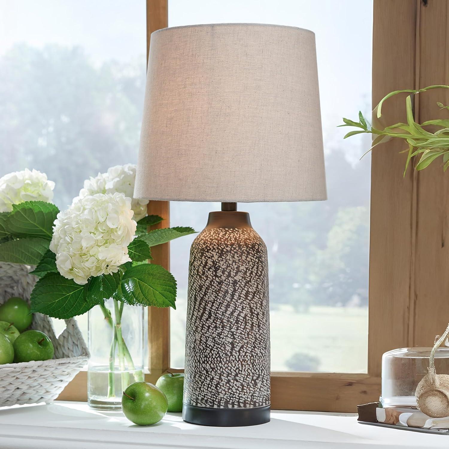 Signature Design by Ashley Lanson Table Lamps: Hammered Metal, Bronze Finish, Beige Shade, Set of 2