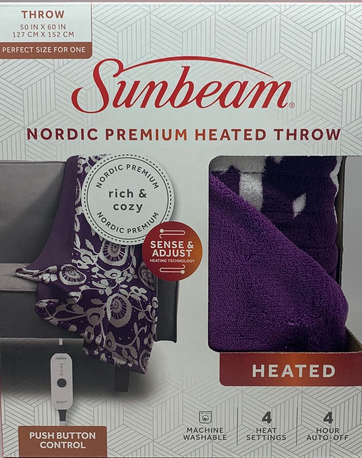 Sunbeam Nordic Premium Electric Heated Throw Blanket with 4 Heat Settings Controller, 4-Hour Auto Shut-Off, Overheat Protection UL Certified (50" x 60") (Purple Floral)