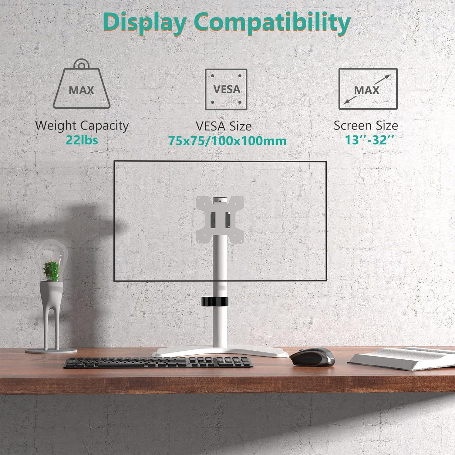 White Adjustable Single Monitor Desk Stand with VESA Mount