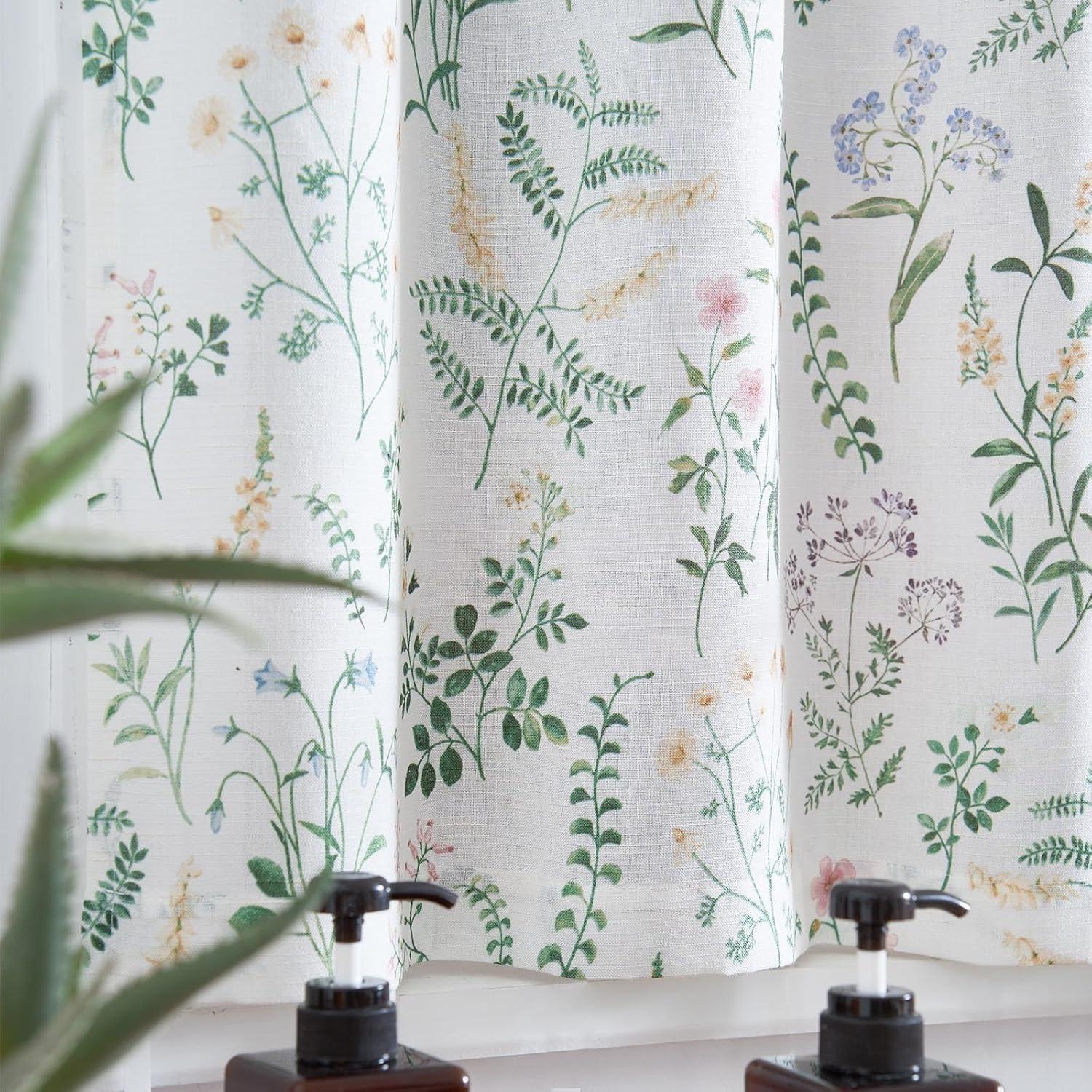 jinchan Floral Kitchen Curtains for Windows 36 Inch Linen Tier Farmhouse Cafe Curtains Country Botanic Small Window Rod Pocket Rustic Flax for Laundry Bathroom RV 2 Panels Sage Green on Beige