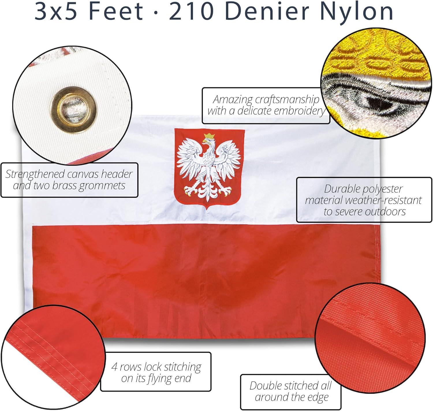 Poland State Ensign Flag 3x5 Foot Heavy Duty Nylon with Embroidered Eagle