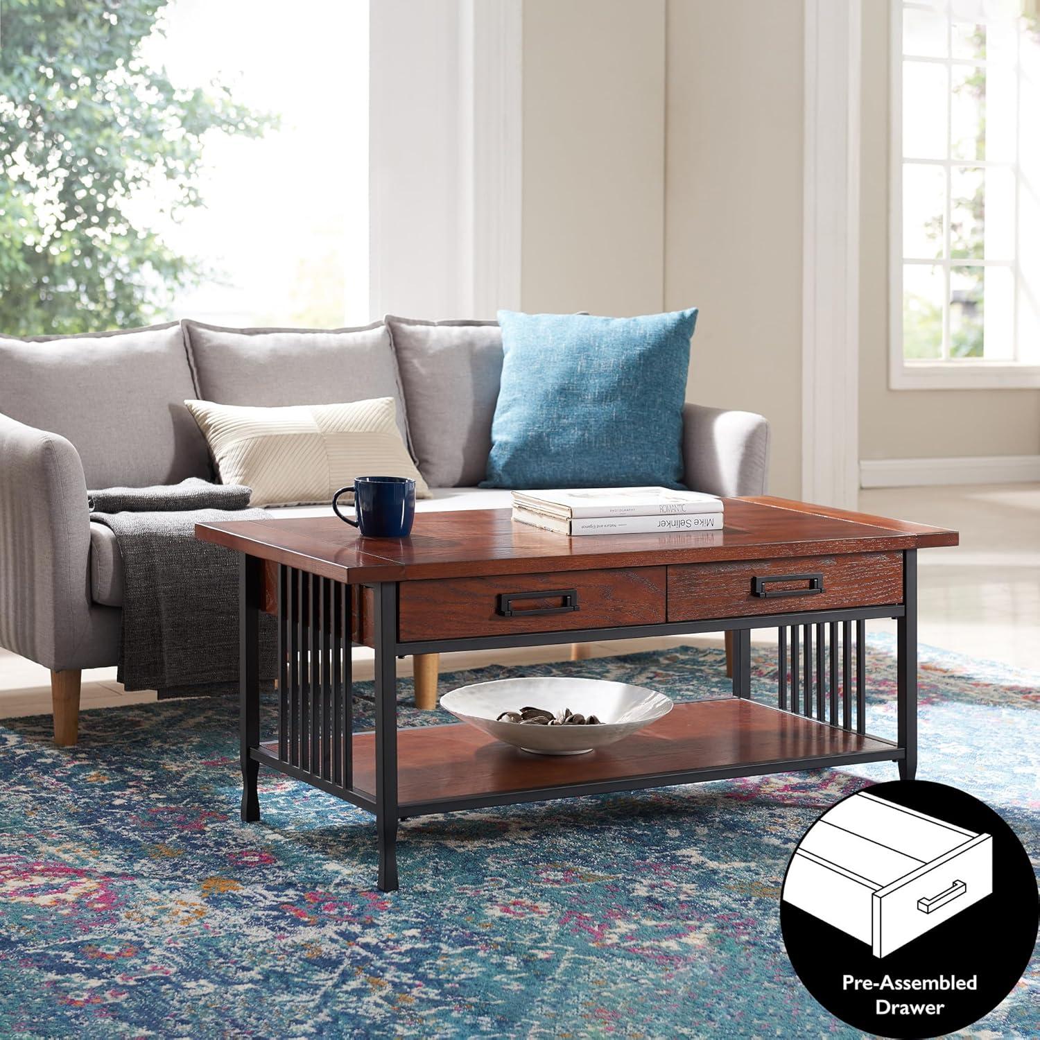 Leick Home 11204 Ironcraft Two Drawer Rustic Coffee Table with Shelf, Mission Oak and Black