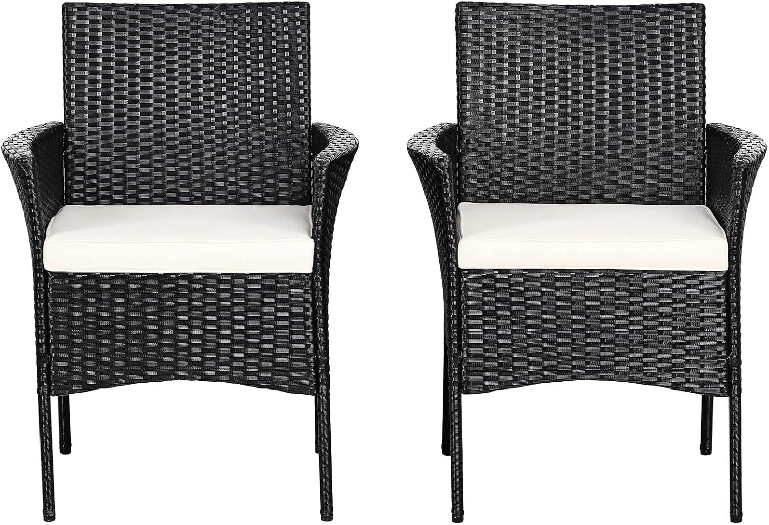 HMTtie Patio Dining Chairs Set of 2, Indoor Outdoor Wicker Armchairs with Cane Back, Soft Cushions, 2 Pack PE Woven Rattan Kitchen & Dining Room Chairs, 360LBS Weight Capacity (2, Black+Beige)