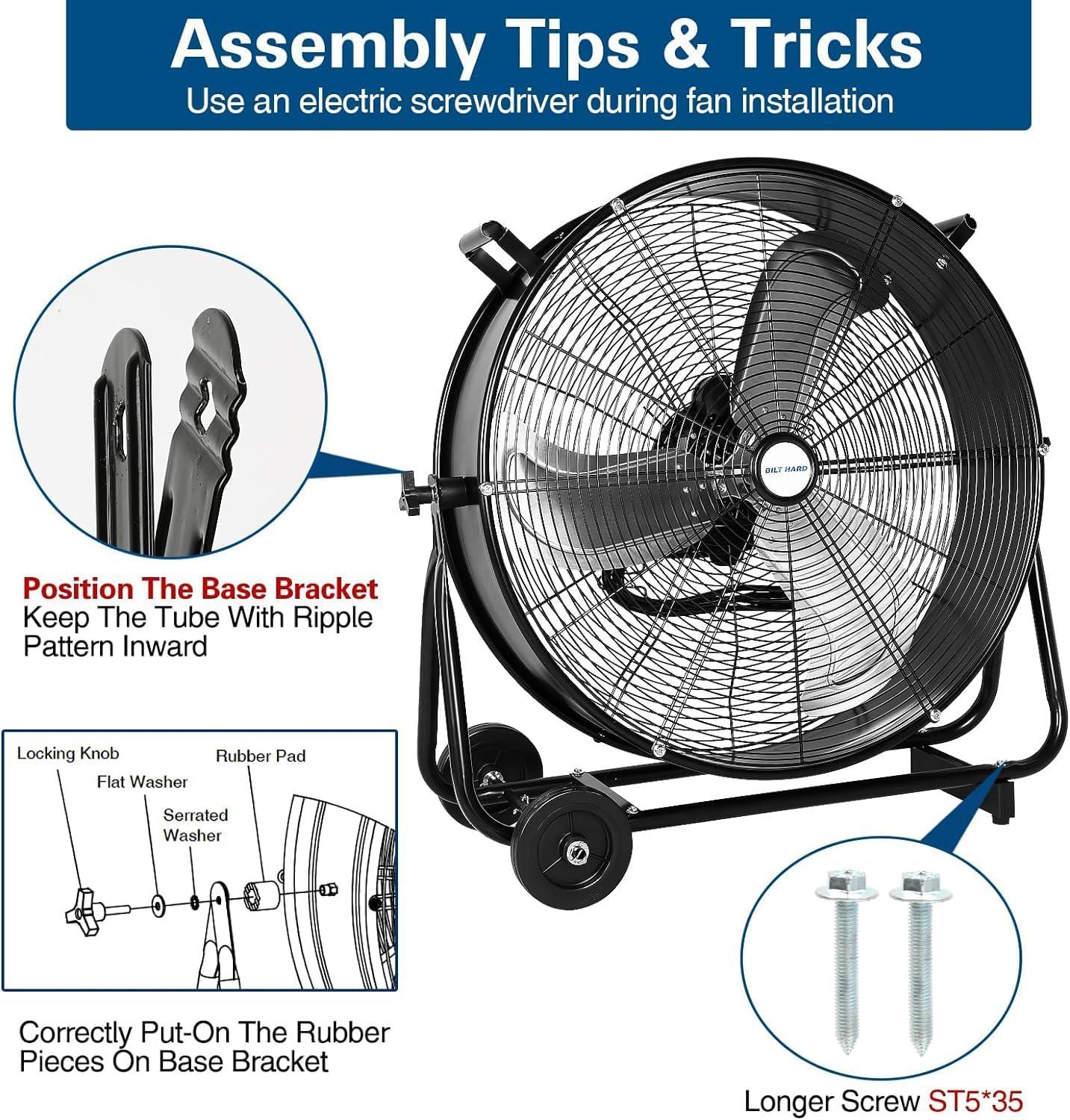 BILT HARD 24" 8100 CFM High Velocity Industrial Drum Fan, 3-Speed Heavy Duty Metal Shop Fan, UL Listed