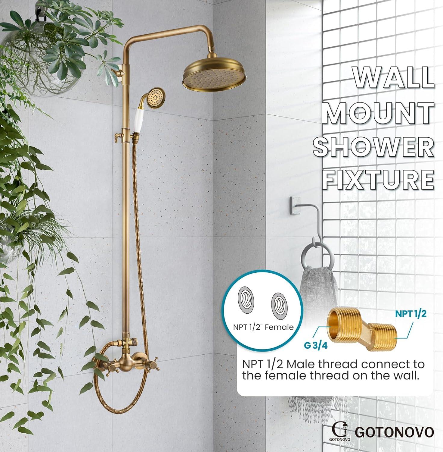 Antique Brass Adjustable Height Rainfall Shower System with Handheld Sprayer