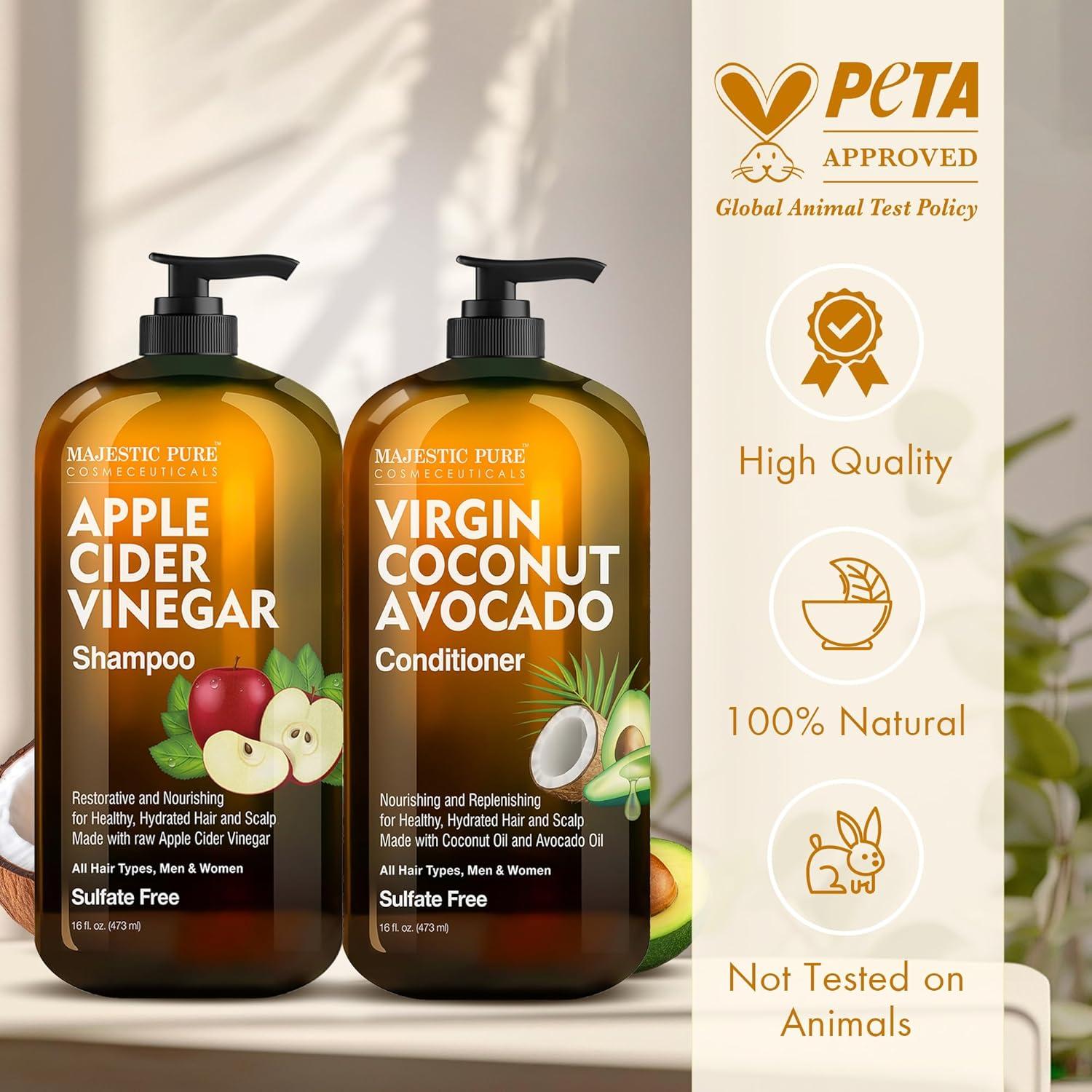 Majestic Pure Apple Cider Vinegar Shampoo & Avocado Coconut Conditioner Set - 16 Fl Oz Each