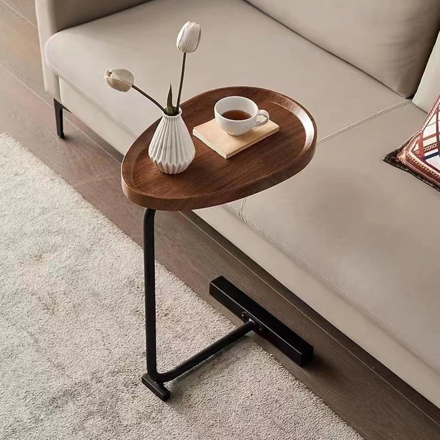 Brown Oval Top C-Shaped Side Table Set with Black Metal Frame