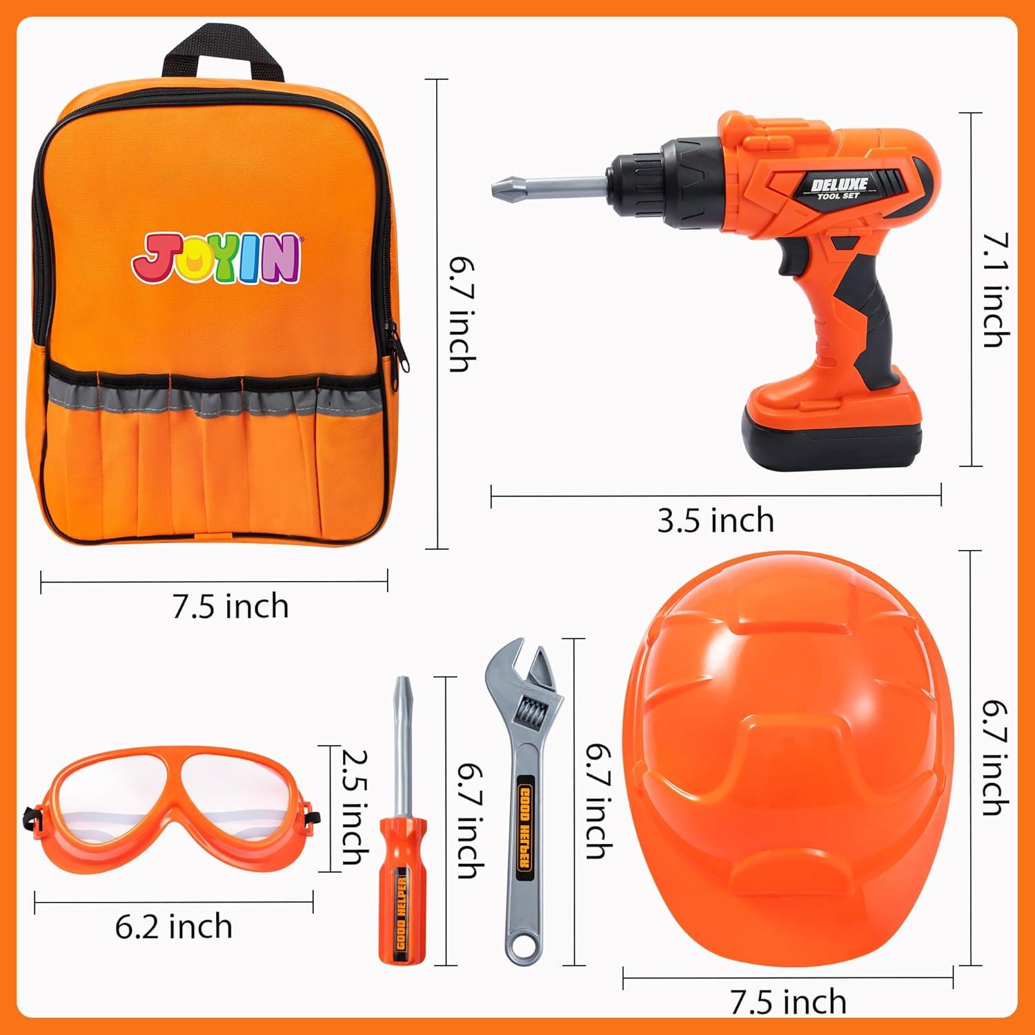 Joyfy 32PCS Kids Tool Set with Construction Backpack Costume & Toy Drill - Pretend Play Tool Kit for Boys & Girls Halloween Birthday Dress Up Party