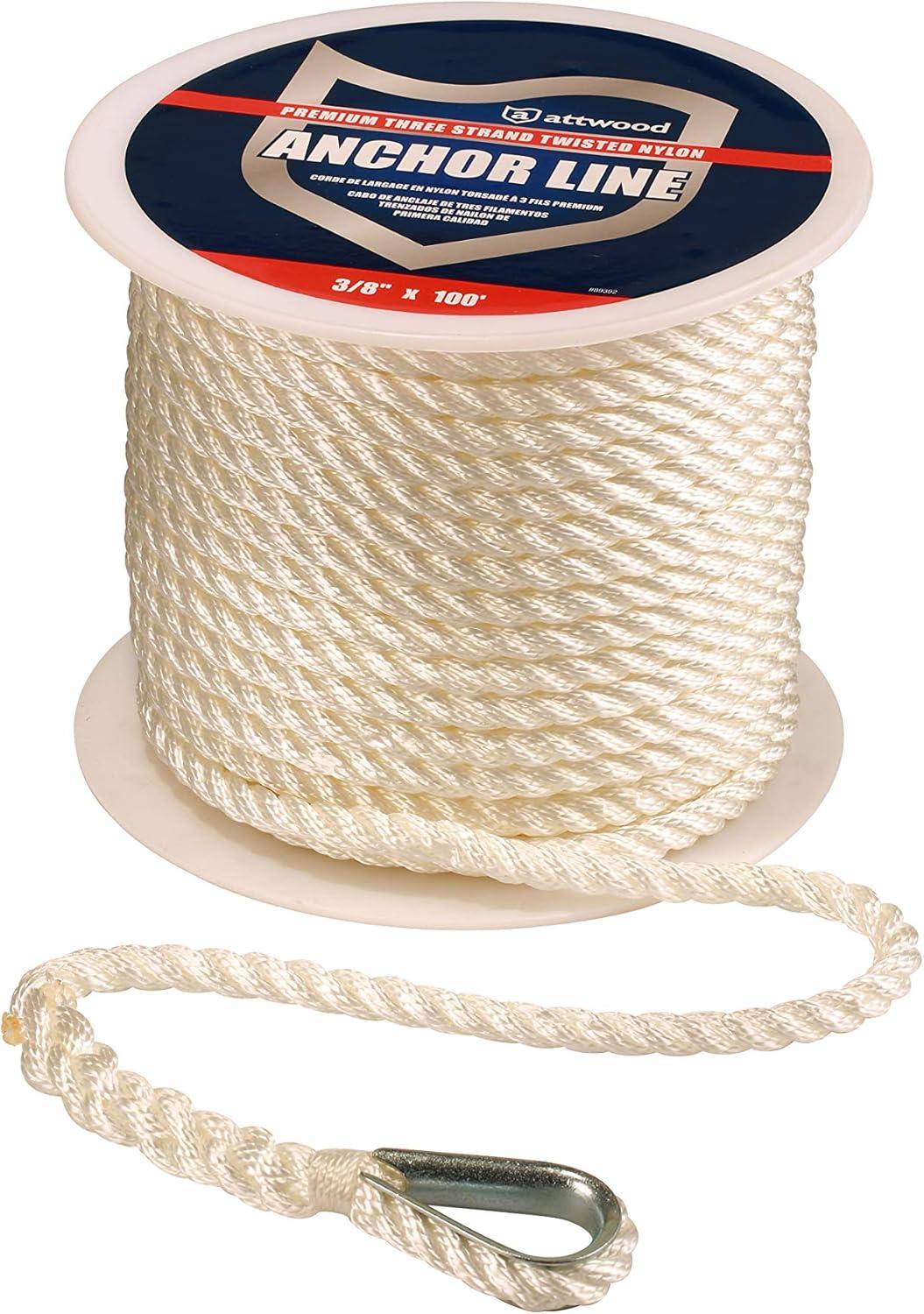Attwood 117341 Premium 3-Strand Twisted Nylon Anchor Line with Thimble 3/8-Inch x 100-Feet, White