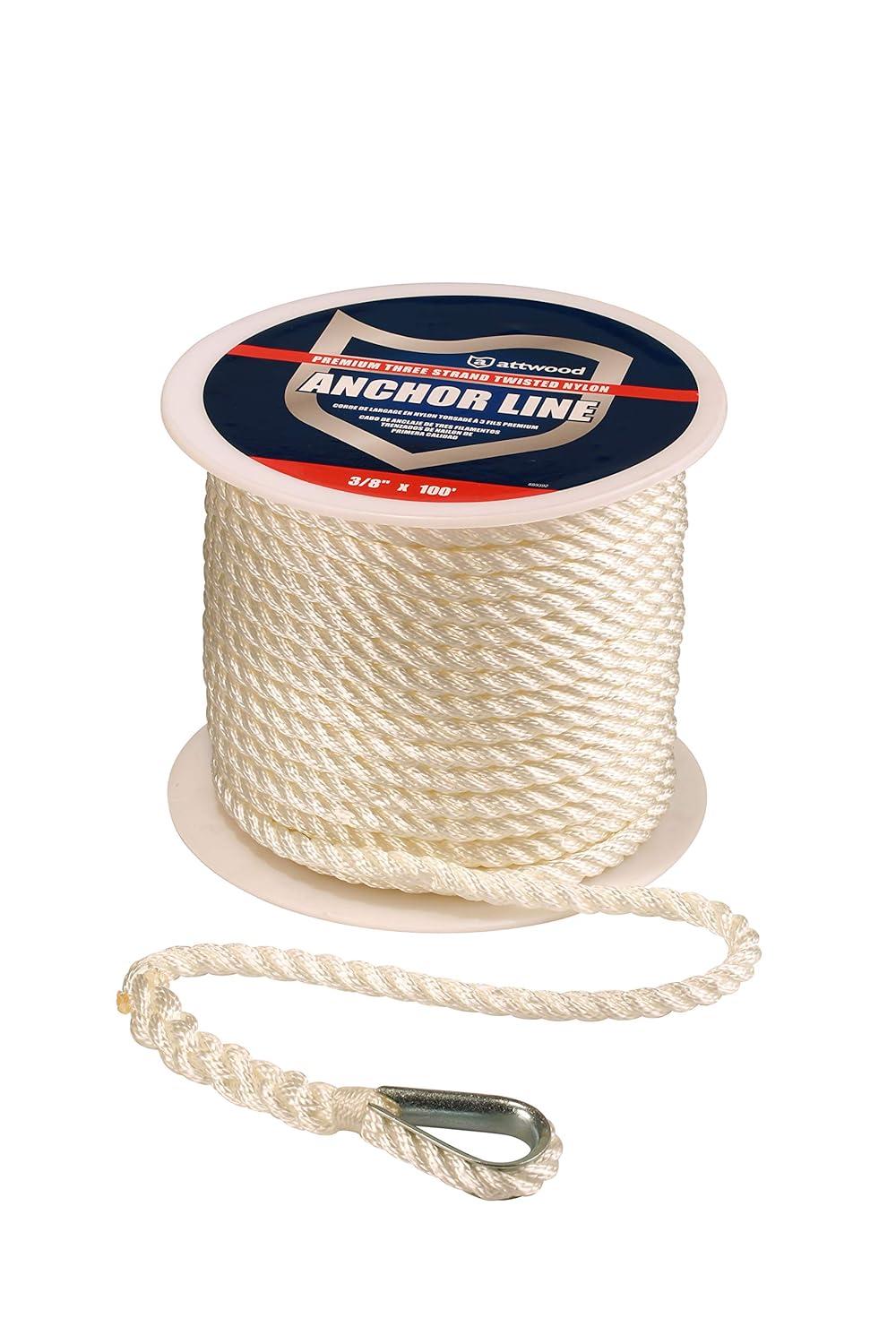 Attwood 117341 Premium 3-Strand Twisted Nylon Anchor Line with Thimble 3/8-Inch x 100-Feet, White