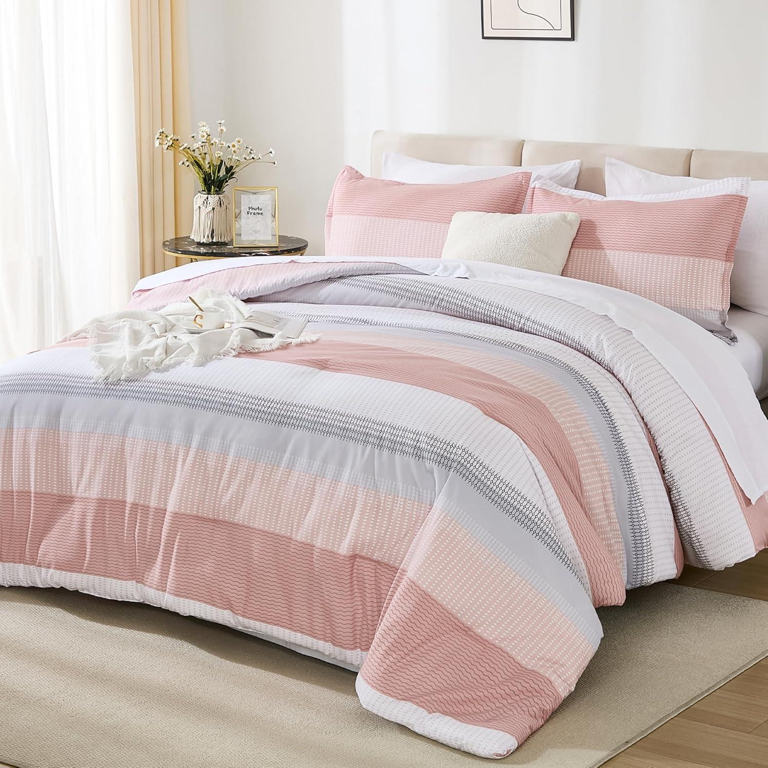 Pink and White Striped King Size Bed in a Bag Set