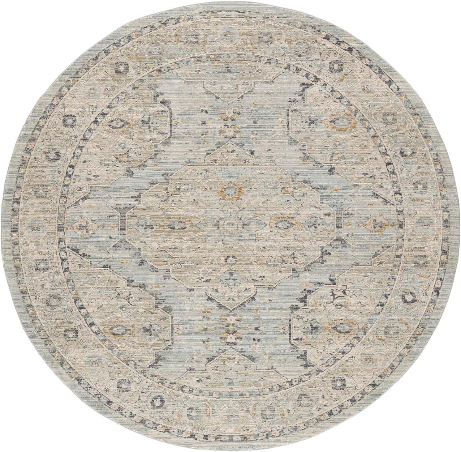 Nyle Light Blue and Beige Round Synthetic Area Rug