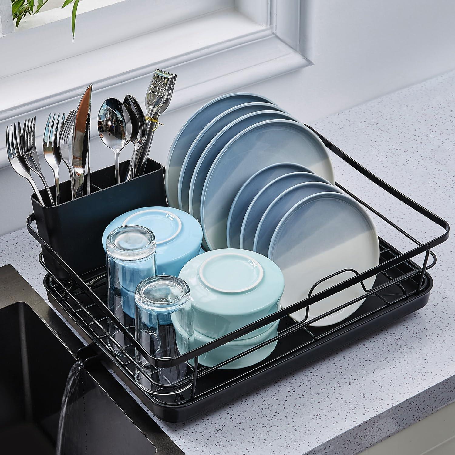 Black Stainless Steel Foldable Dish Drying Rack with Utensil Cup