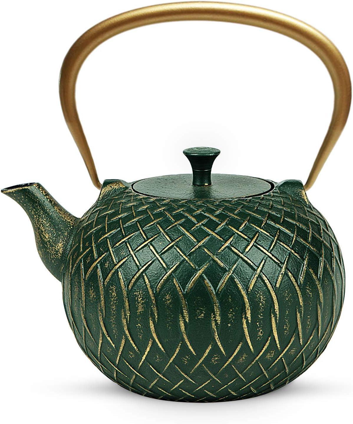 Lark Manor™ Tea Kettle,Cast Iron Tea Kettle For Stove Top, Stovetop Safe Teapot With Infusers For Loose Tea, 34 Ounce (1000 Ml), Dark Green Melody