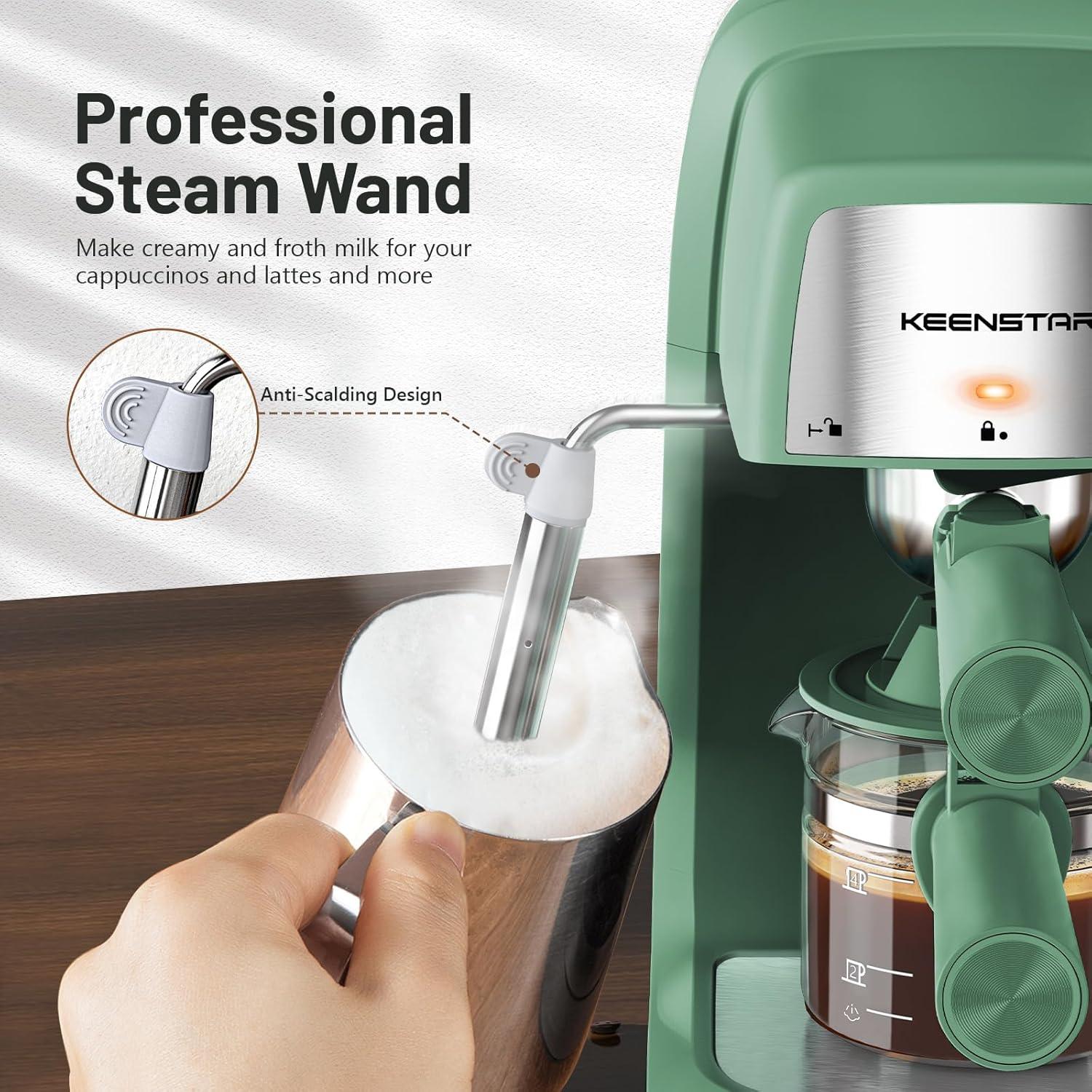 Green Compact Espresso Machine with Steam Wand