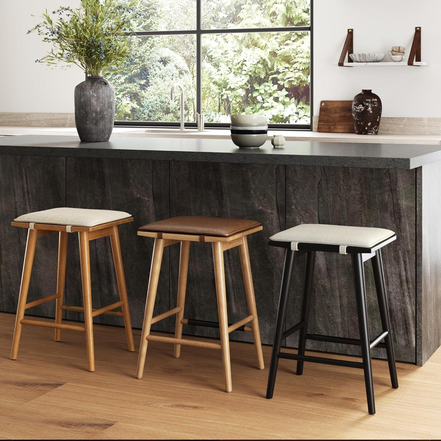 Brown Wood and Metal Backless Saddle Counter Stools, Set of 2