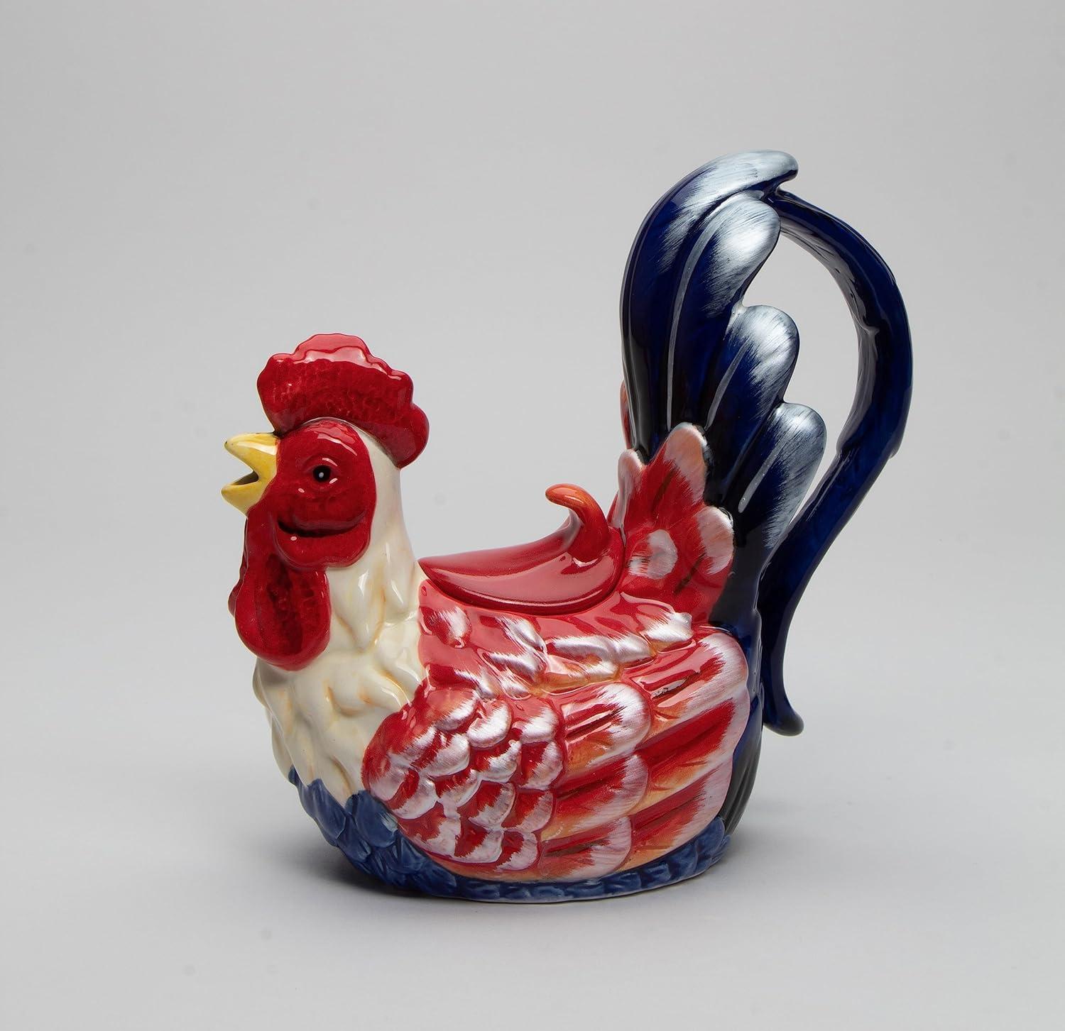 Ceramic Blue Red Rooster Teapot 14oz 7.75x4x7.5 Fall Gift