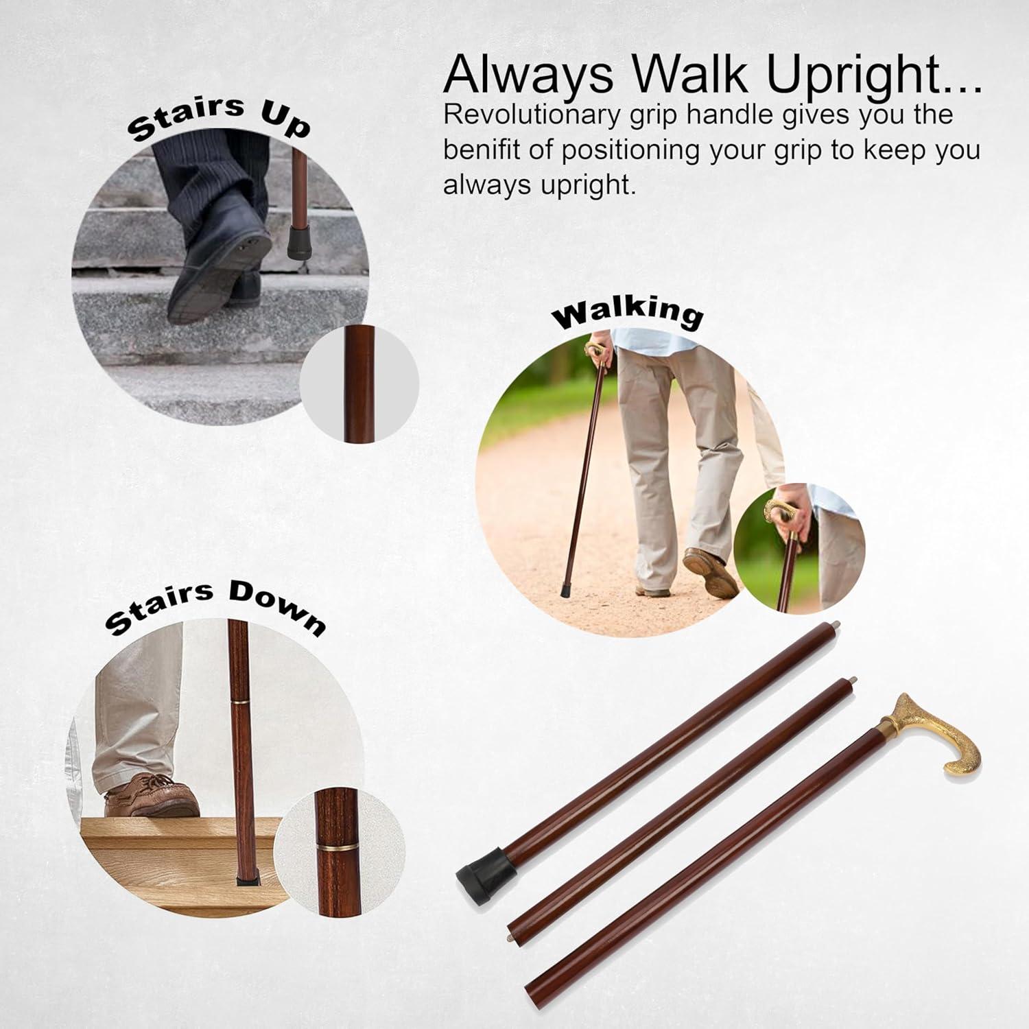 Ajuny Walking Sticks for Men Women Seniors Durable Folding Wooden Canes T Shape with Decorative Brass Handle Golden Finish Wood Cane 36 inch