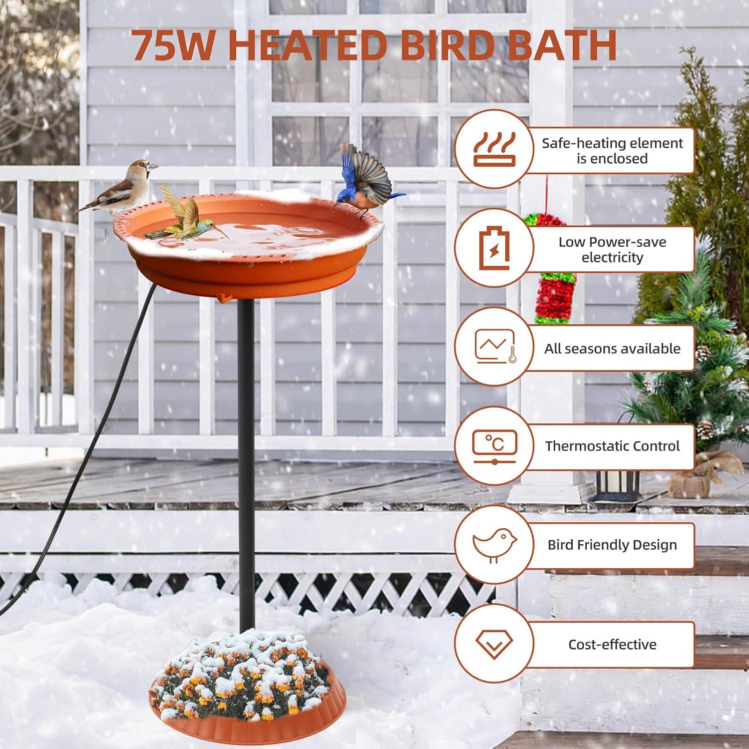 Heated Bird Bath for Outdoors for Winter, 75W Bird Bath Water Heater Bird Bath Deicer,Deep Bowl Thermostatic Control Weather Resistance Stylish Design with Planter Pedestal for All Seasons