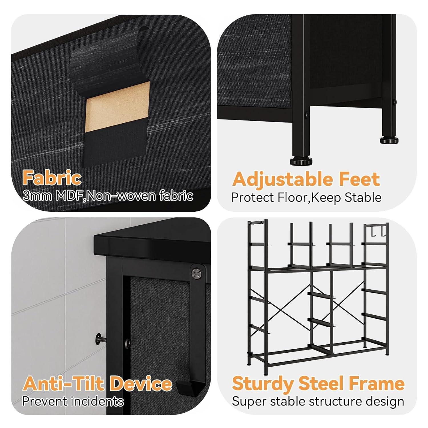 AOWOS 12 Drawer Dresser for Bedroom Fabric Storage Tower Black Dresser with Wood Top Sturdy Steel Frame Storage Organizer Unit