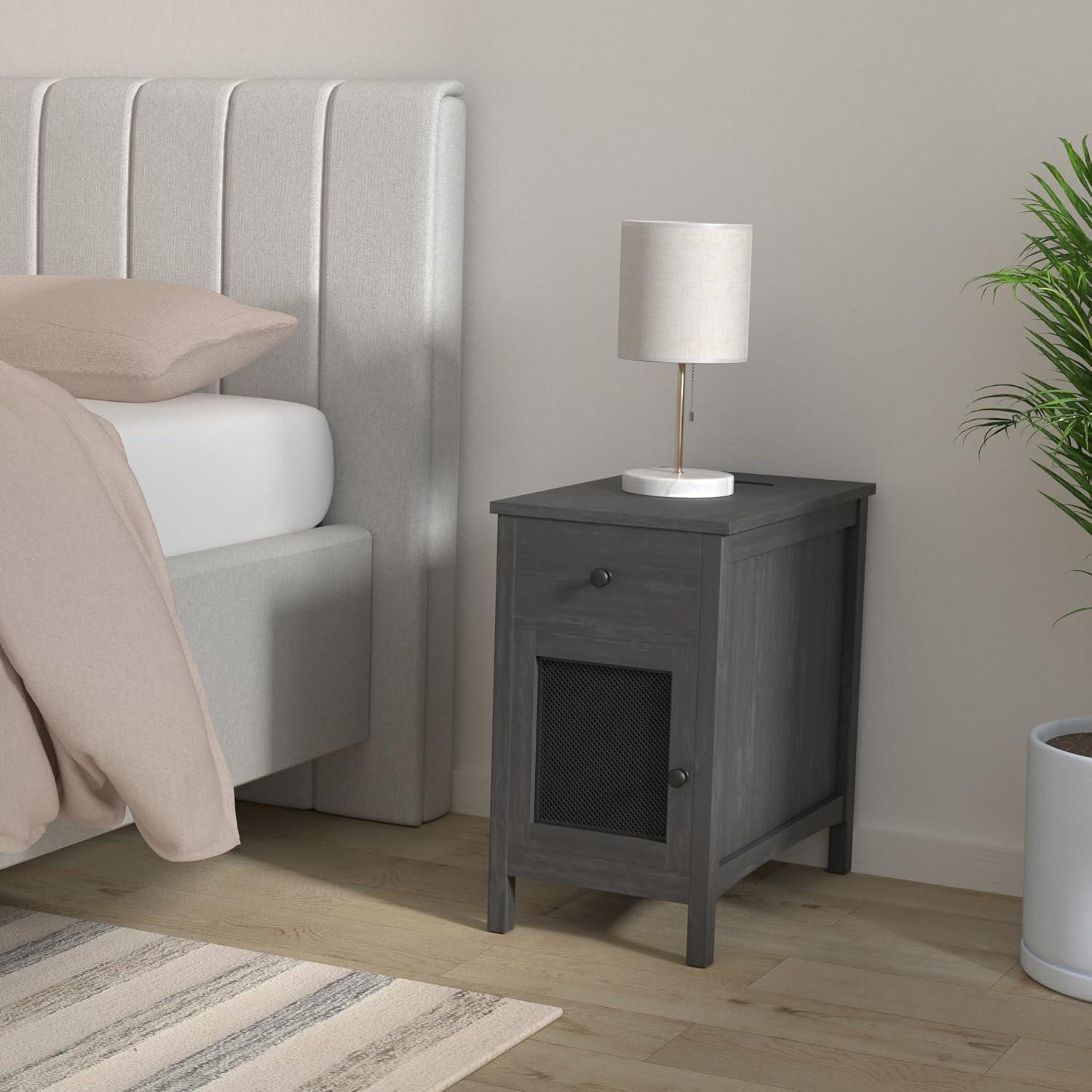 Charcoal Gray MDF Side Table with Storage and Charging Station