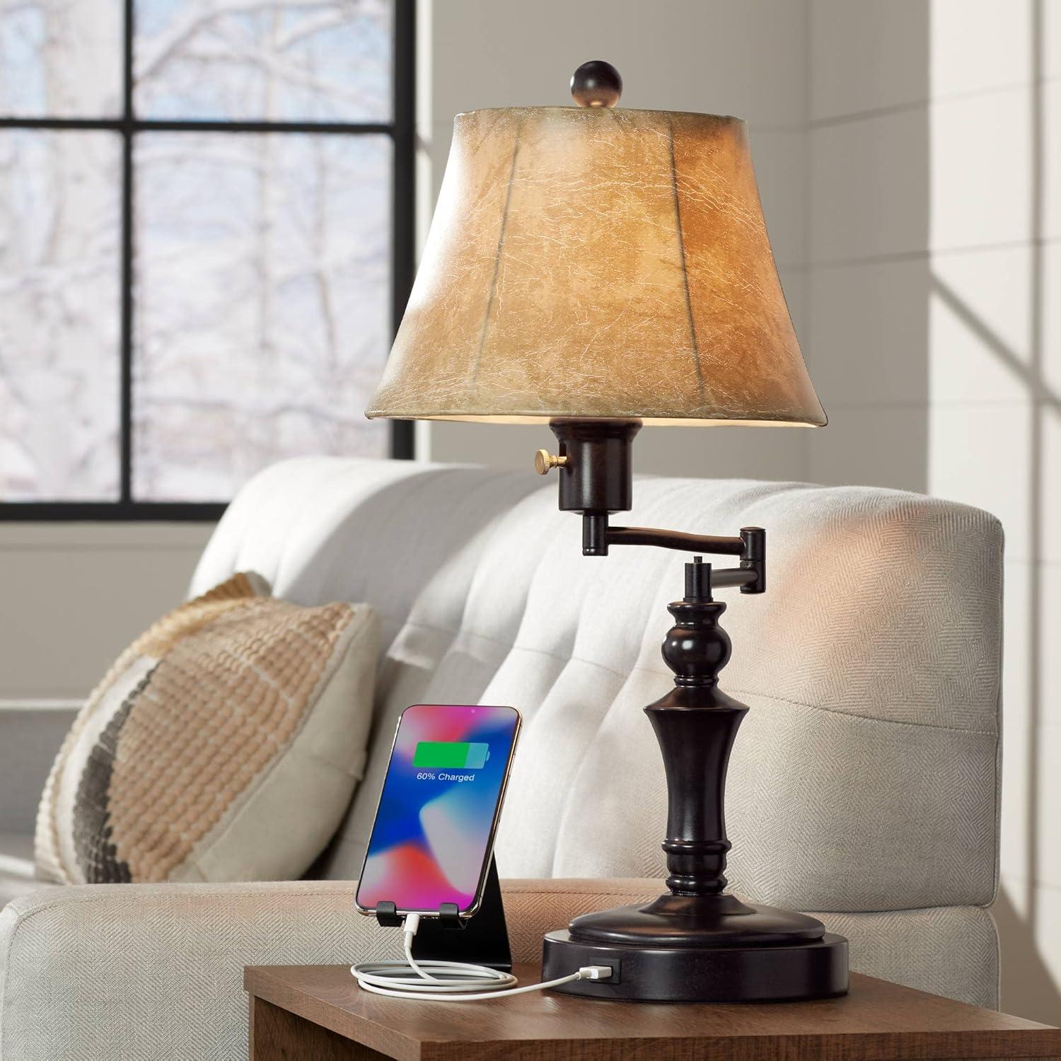 Bronze Metal Swing Arm Desk Lamp with Faux Leather Shade and USB Port