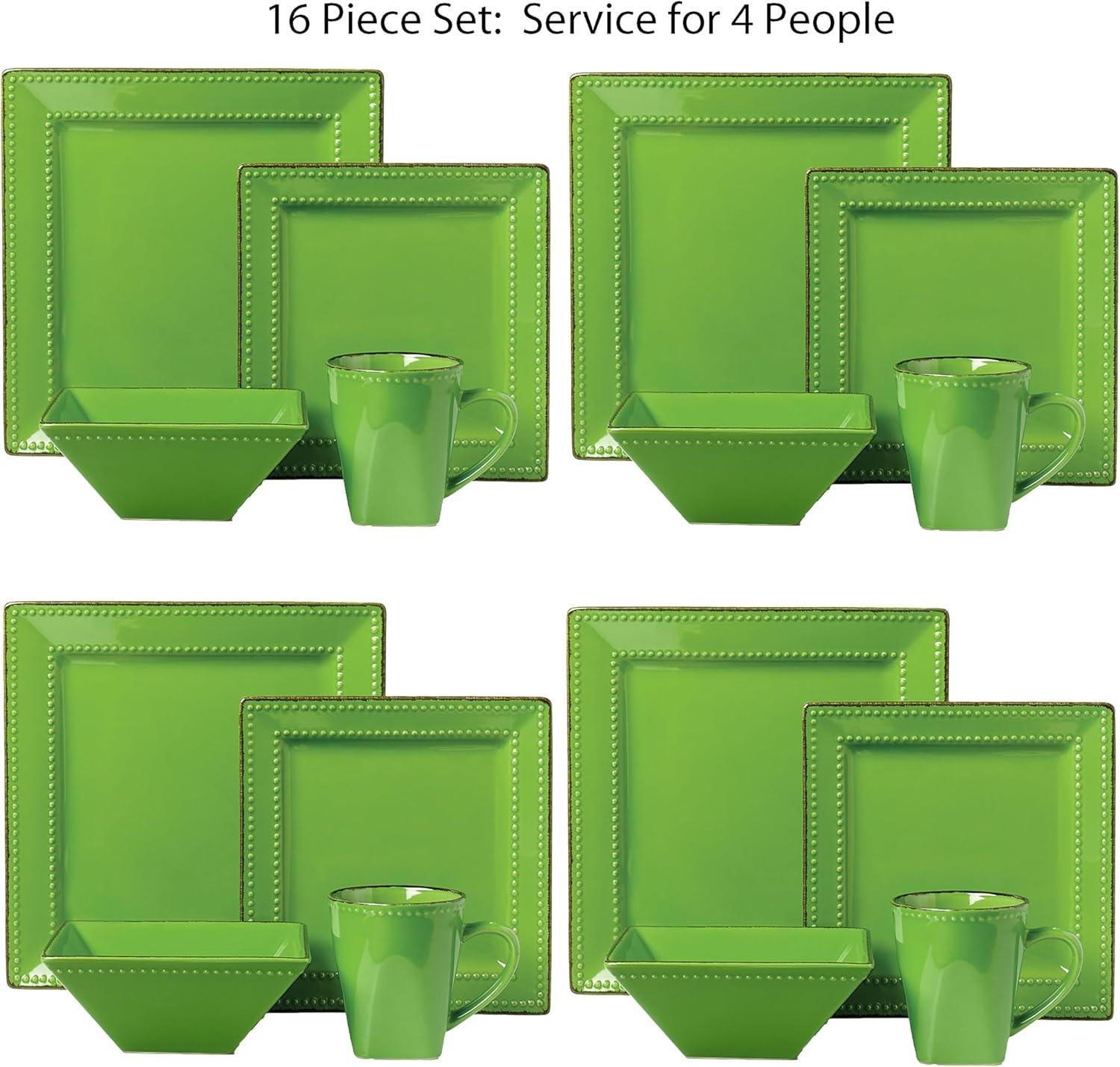 16 Piece Square Beaded Stoneware Set by Lorren Home Trends, Green