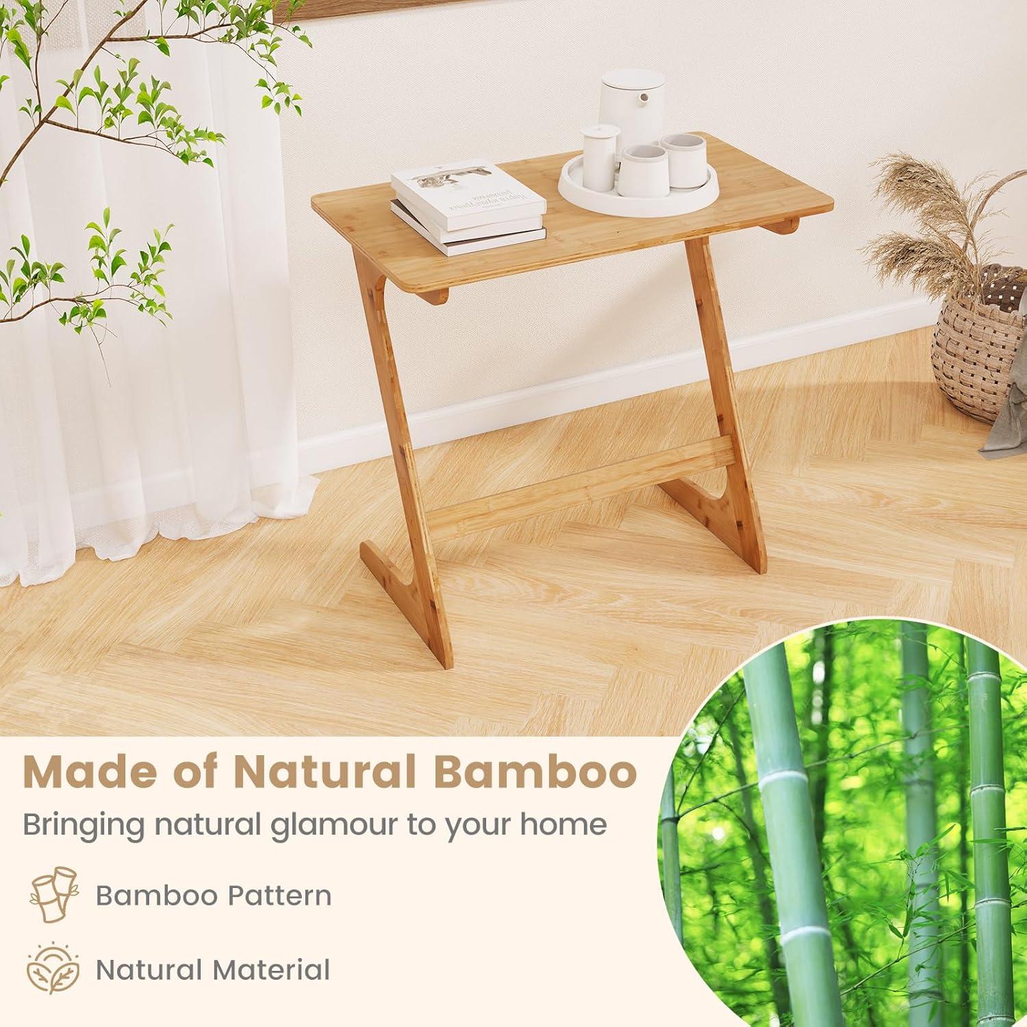 Costway 2 PCS Bamboo Sofa Side Table Z-Shaped Spacious Tabletop Space-Saving TV Snack Tray Natural