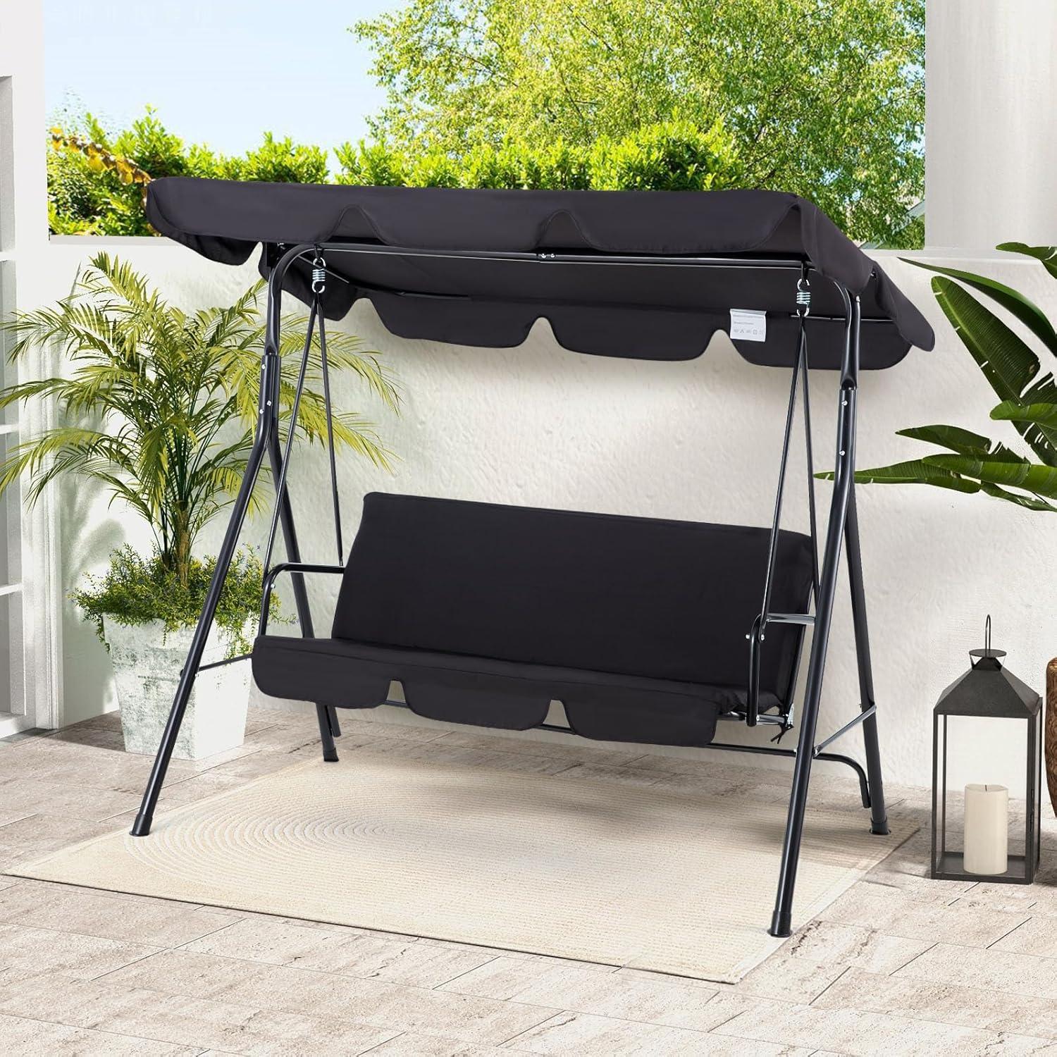 Black Steel 3-Seat Outdoor Swing with Adjustable Canopy