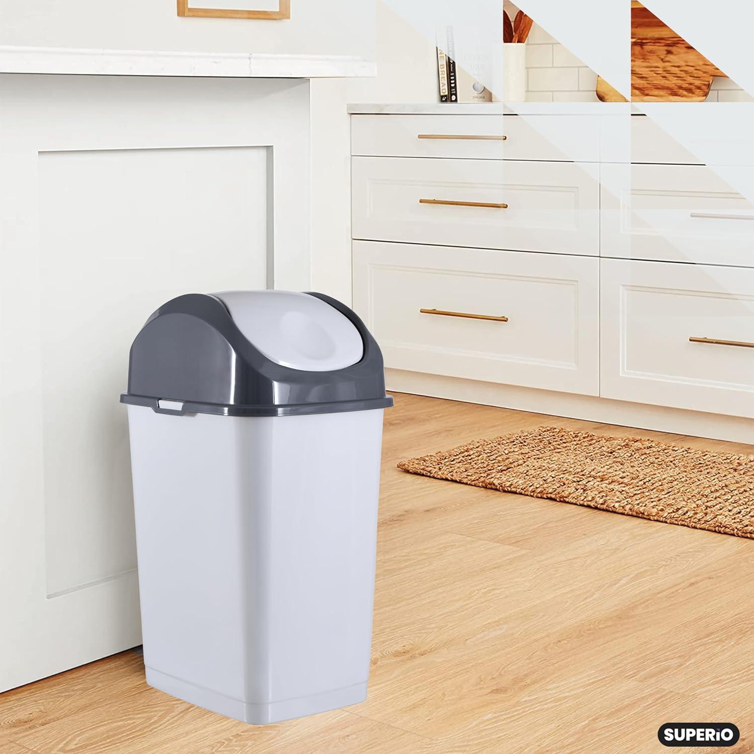 Superio Kitchen Trash Can with Swing Top Lid 9 Gallon Slim Waste Bin 37 Qt Durable Plastic, Fit Small Spaces, Office, Bathroom, Under Counter (White Smoke-1 Pack)