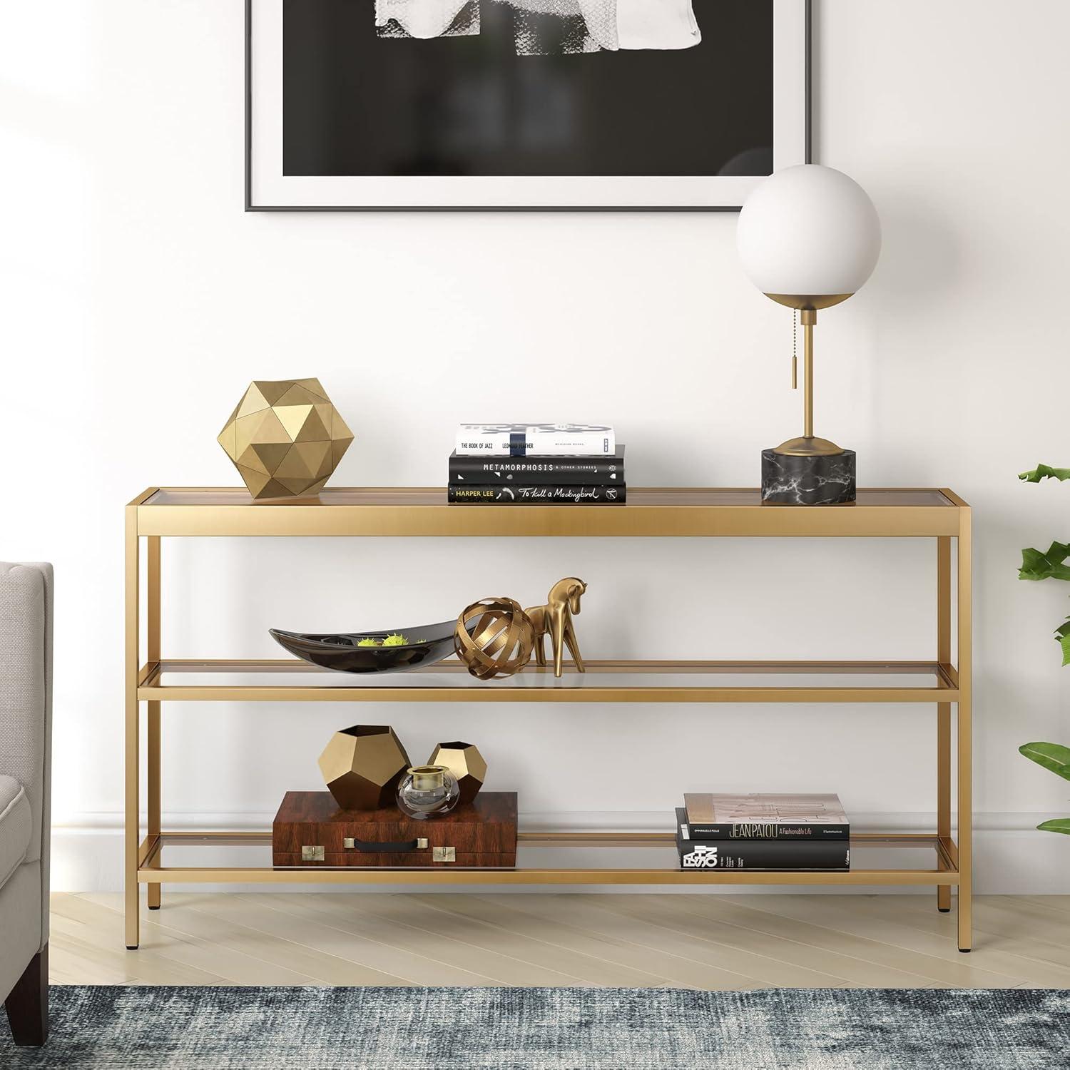 55-Inch Brass Metal and Glass Console Table with Storage